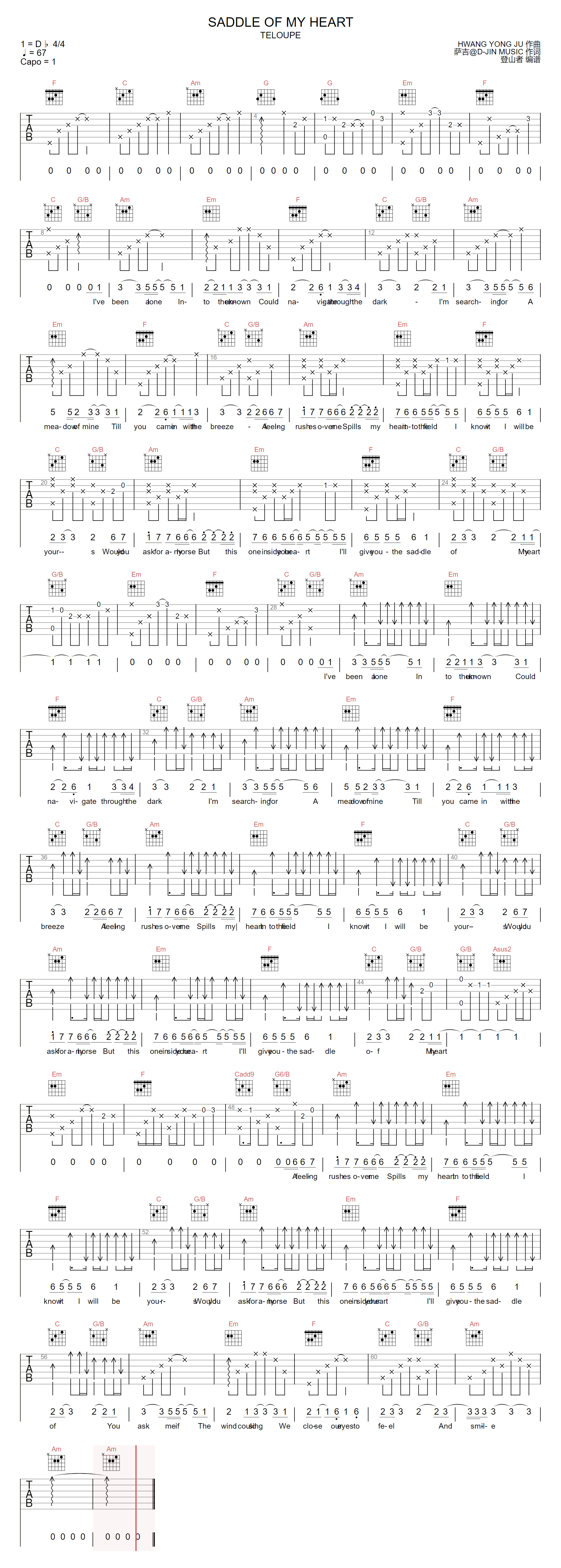 Saddle-Of-My-Heart吉他谱-Teloupe-C调指法