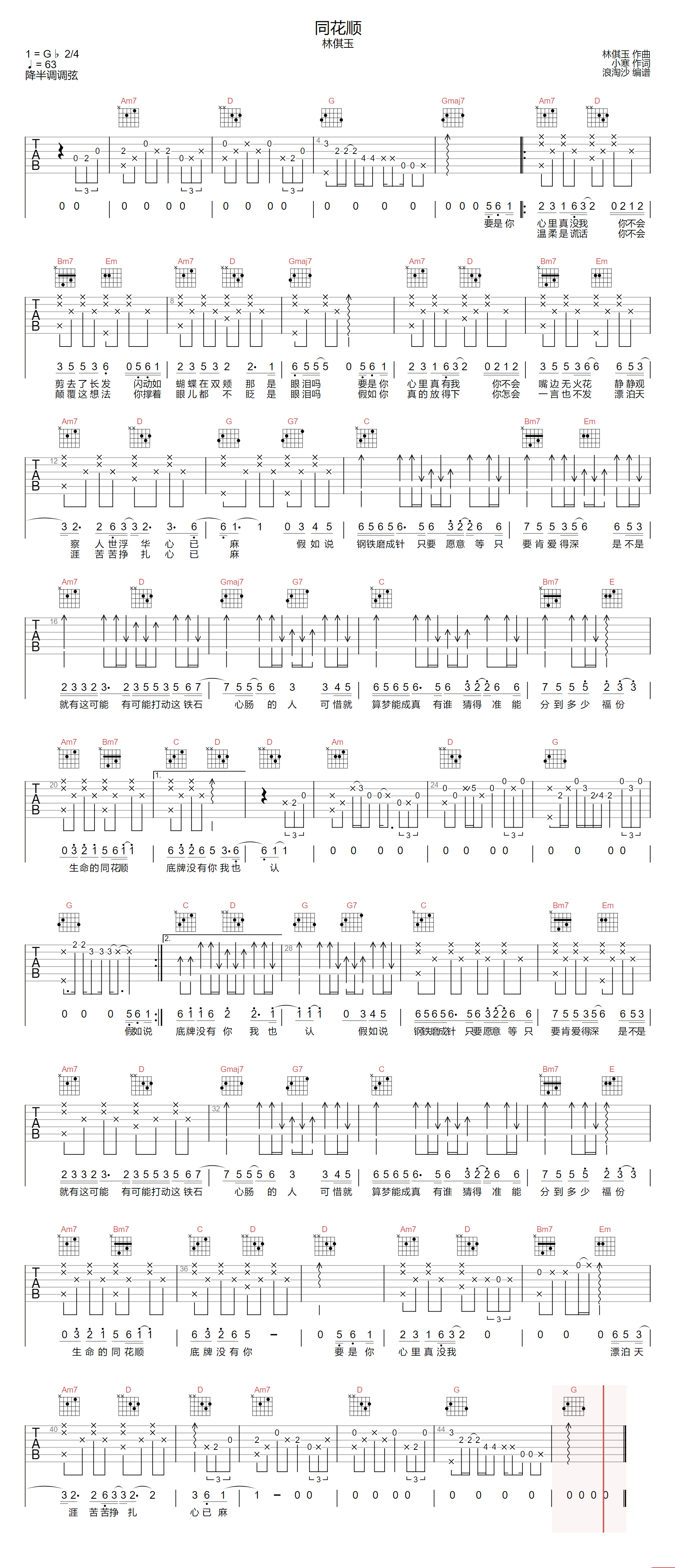 同花顺吉他谱-林倛玉-G调指法
