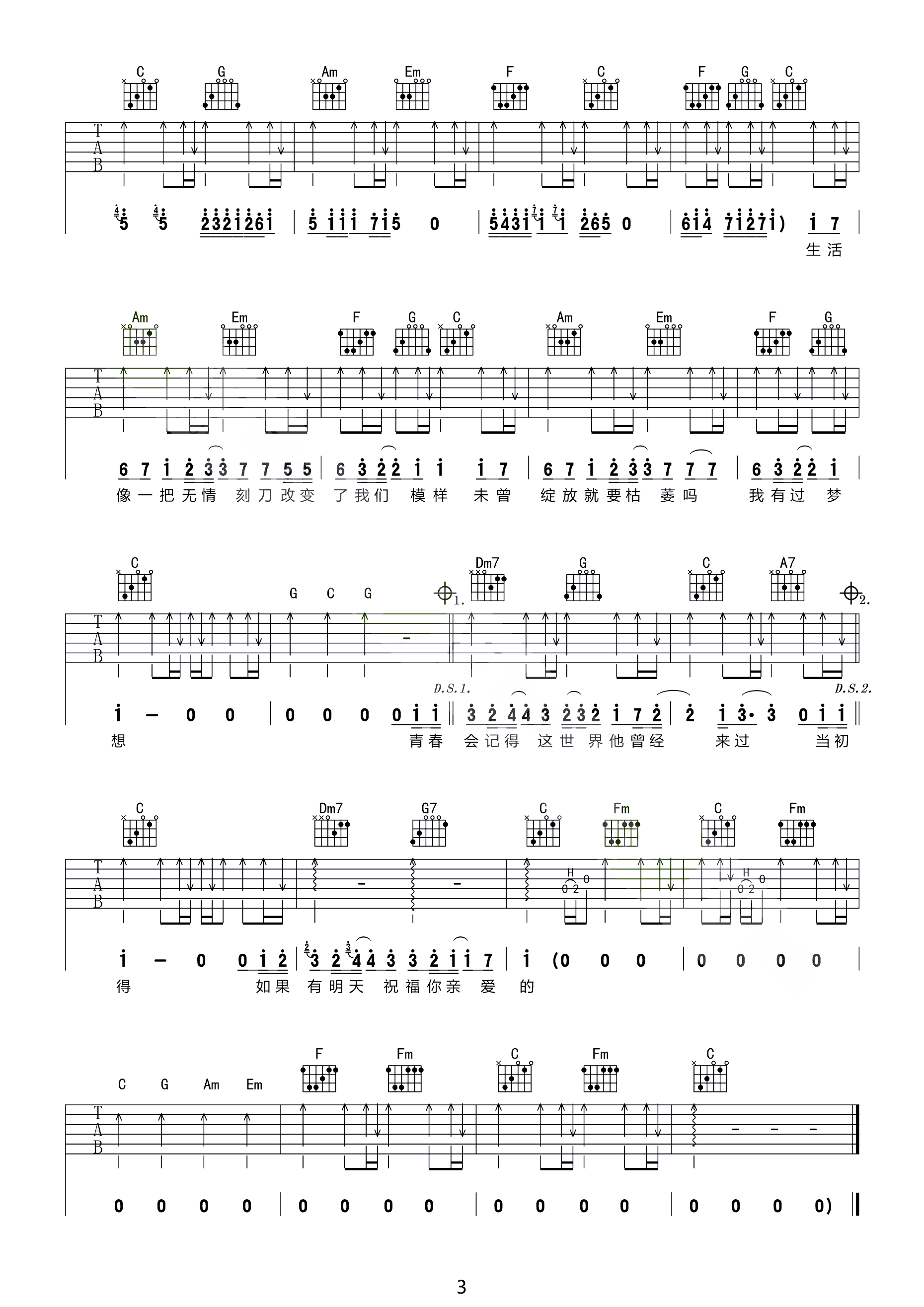 老男孩吉他谱3-筷子兄弟-C调指法