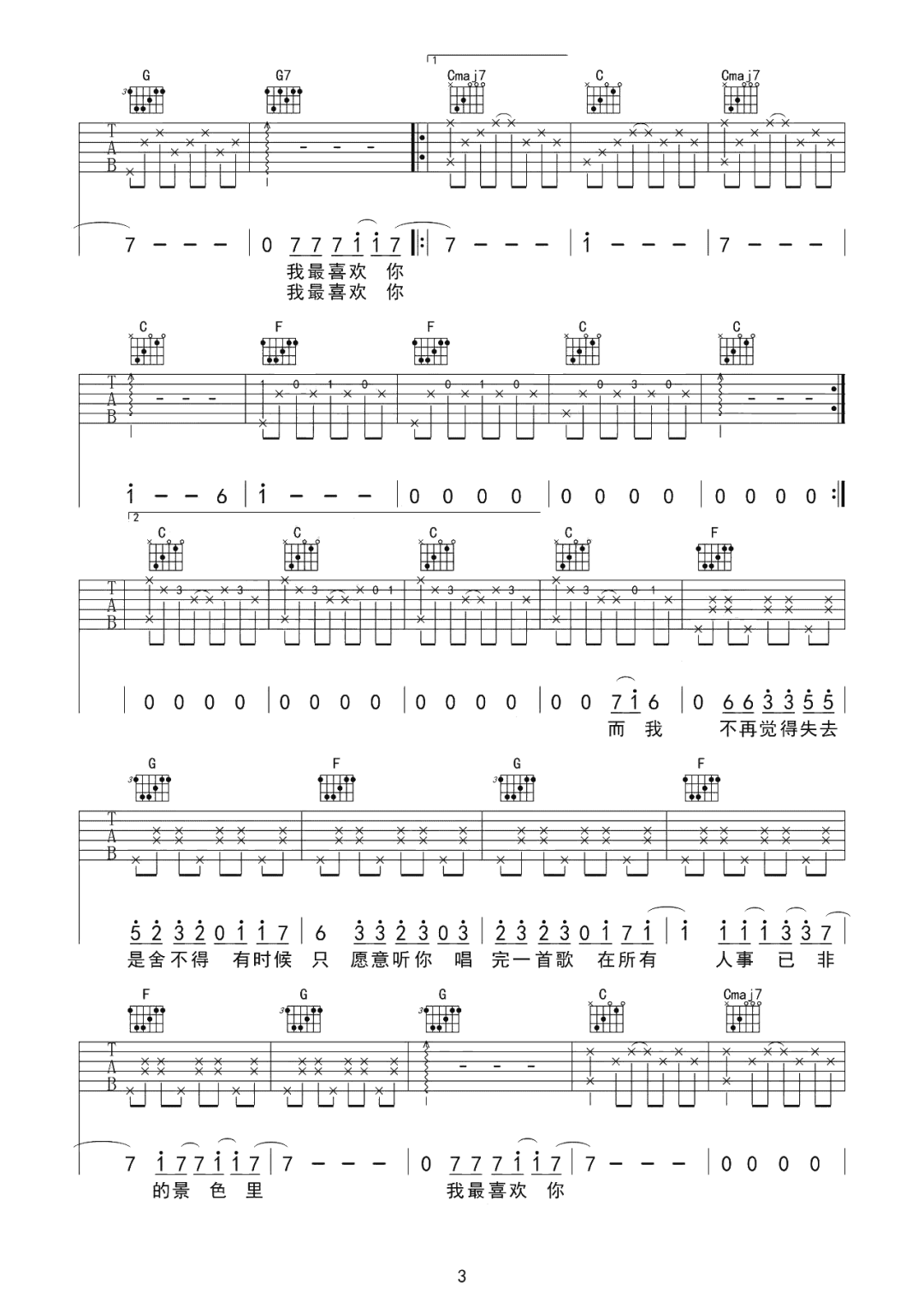 喜欢吉他谱3-张悬-C调指法