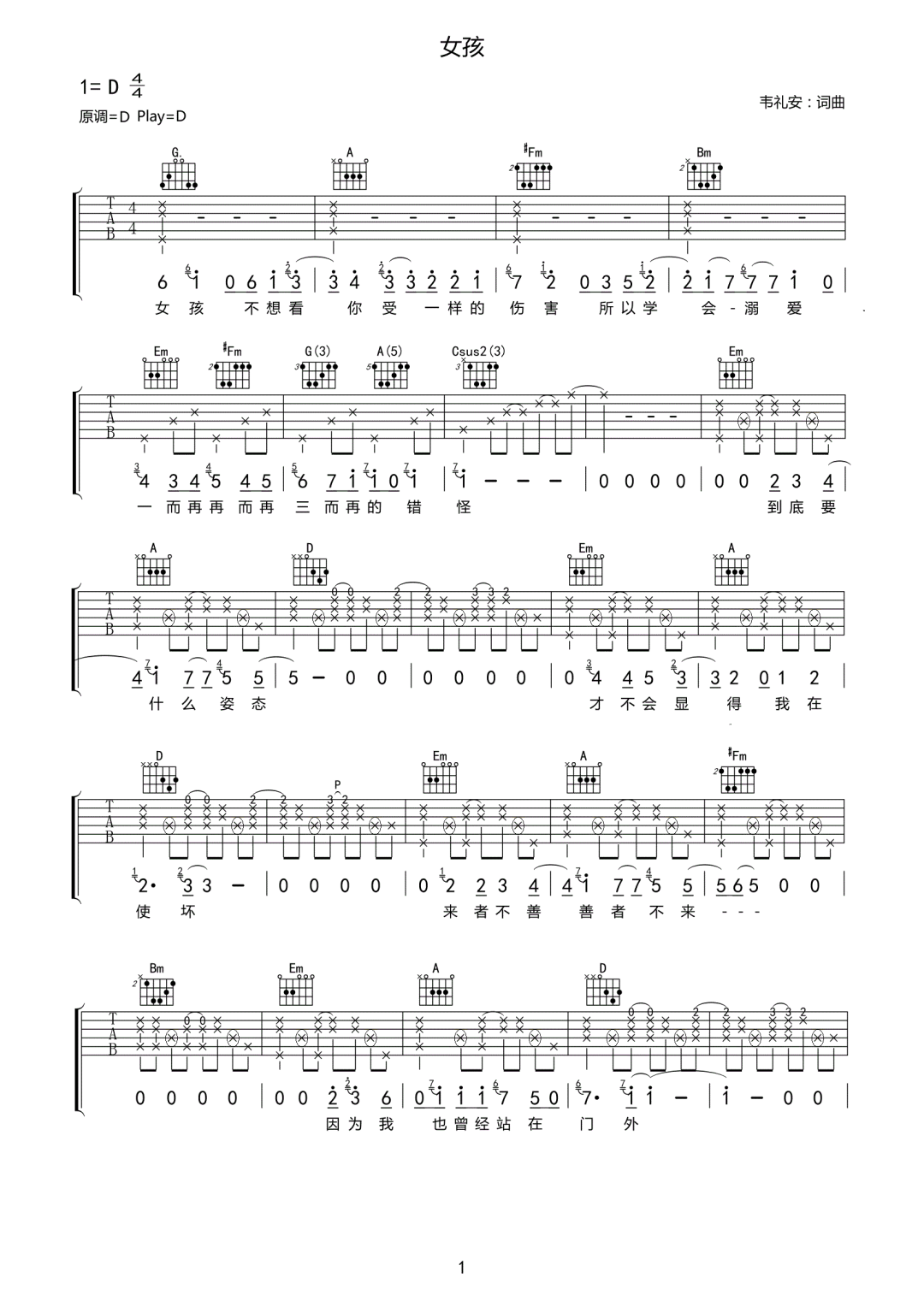 女孩吉他谱1-韦礼安-D调指法