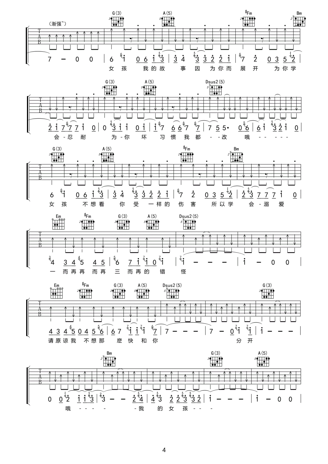 女孩吉他谱4-韦礼安-D调指法