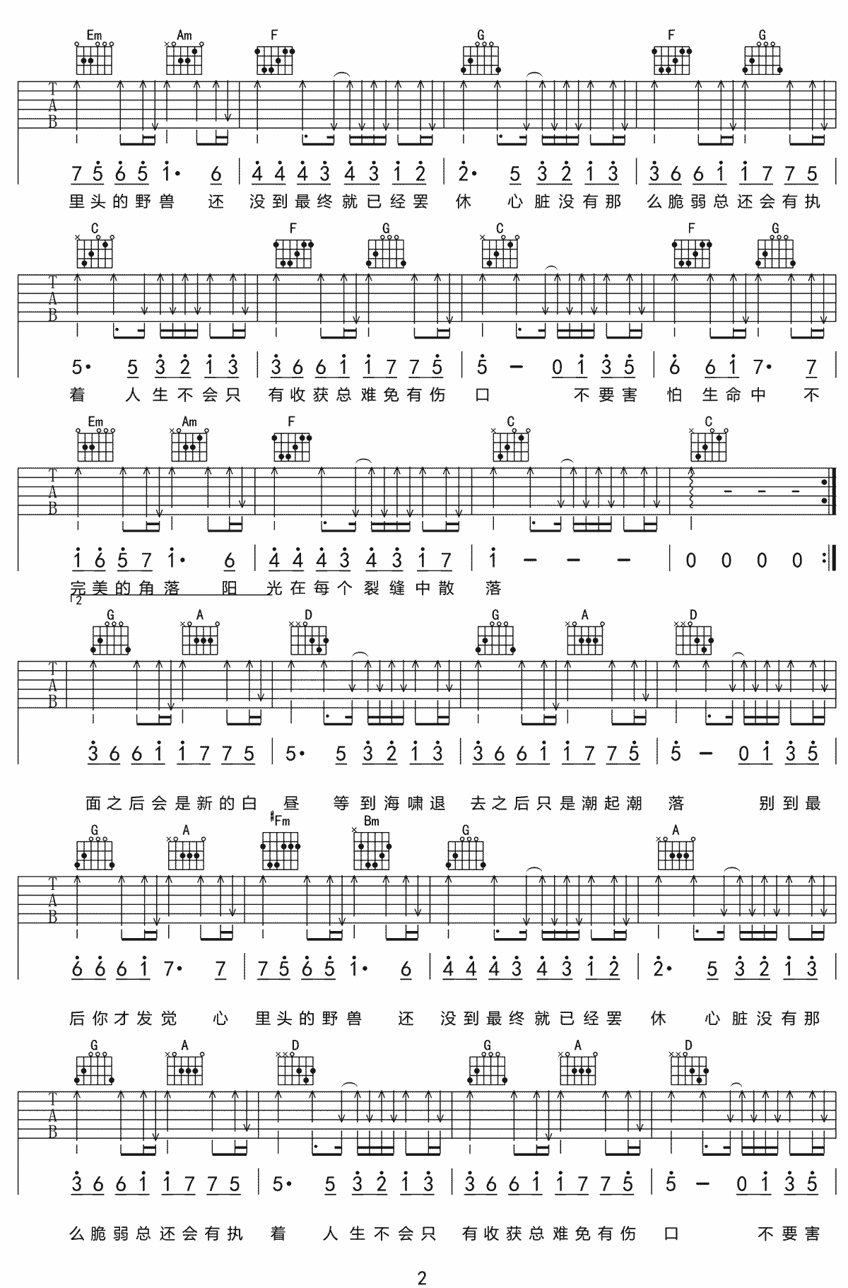 裂缝中的阳光吉他谱2-林俊杰-C调指法