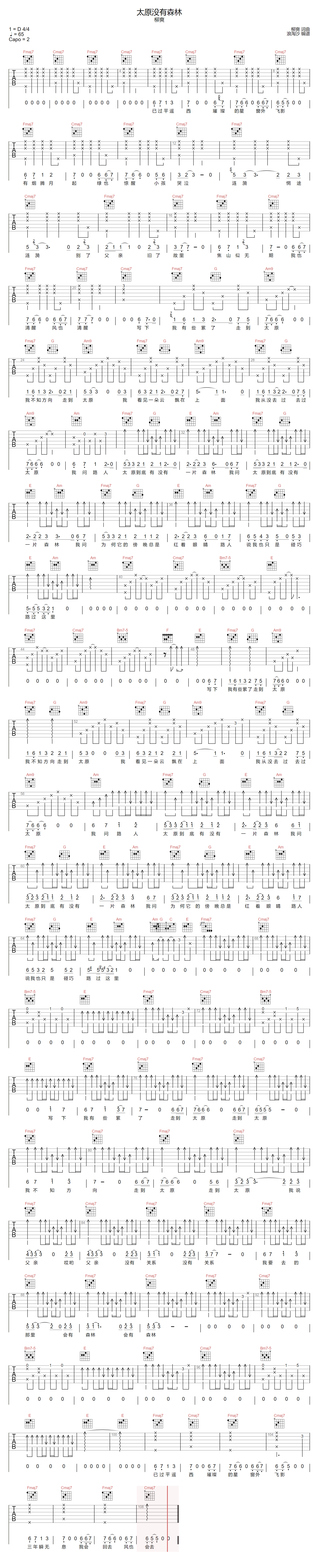 太原有没有森林吉他谱-柳爽-C调指法