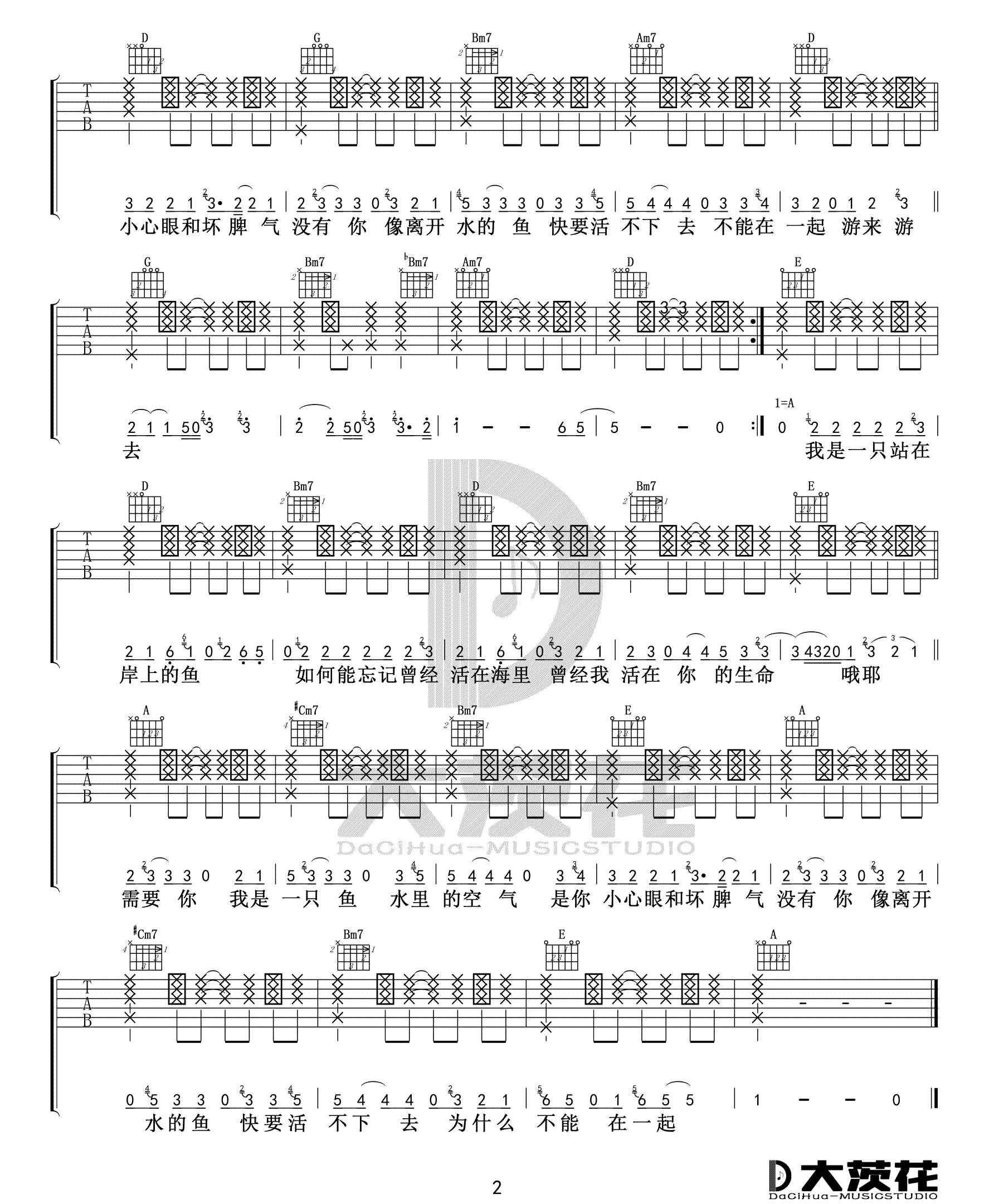 我是一只鱼吉他谱2-落日飞车-G调指法