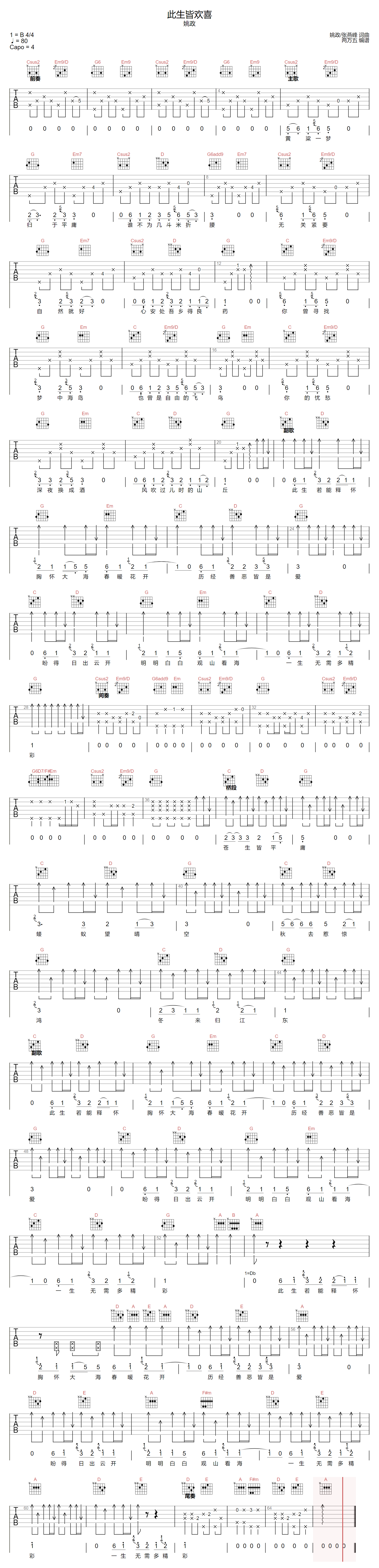 此生皆欢喜吉他谱-姚政-G调指法