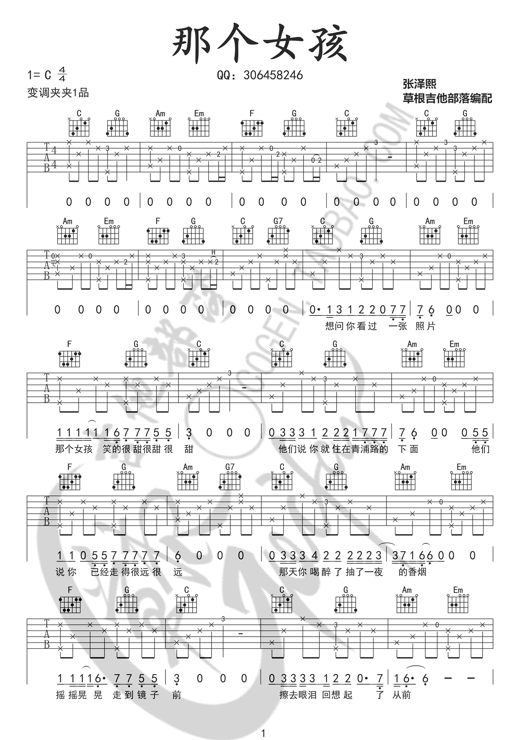 那个女孩吉他谱1-张泽熙-C调指法