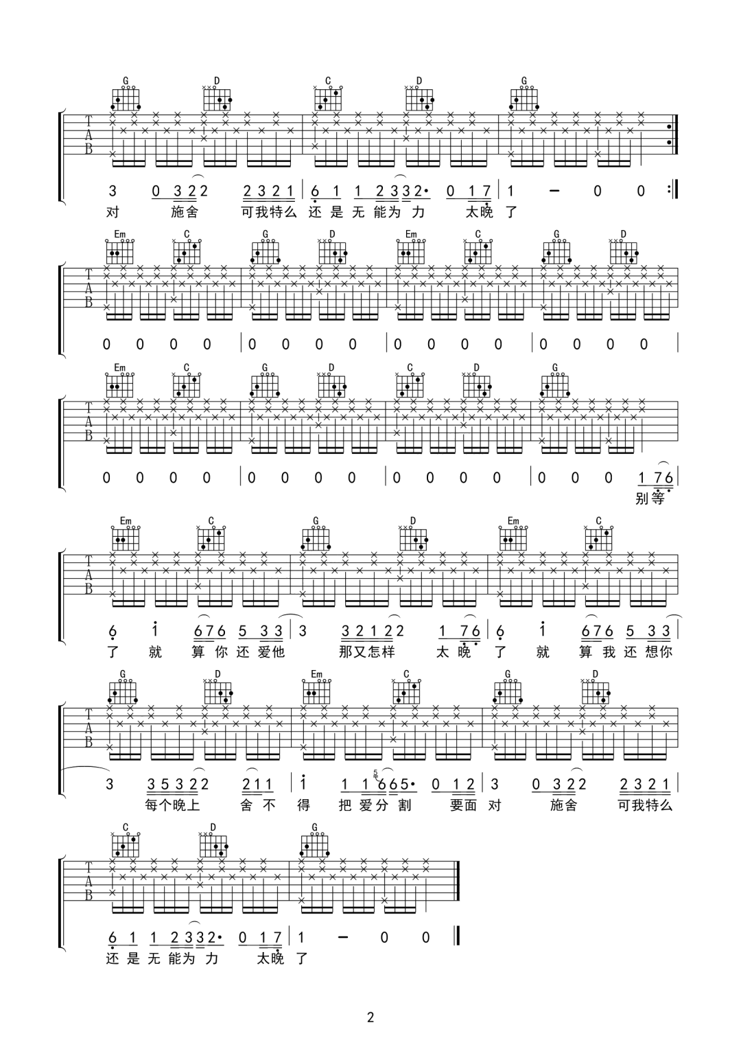 别等了吉他谱2-新学校废物合唱团-G调指法