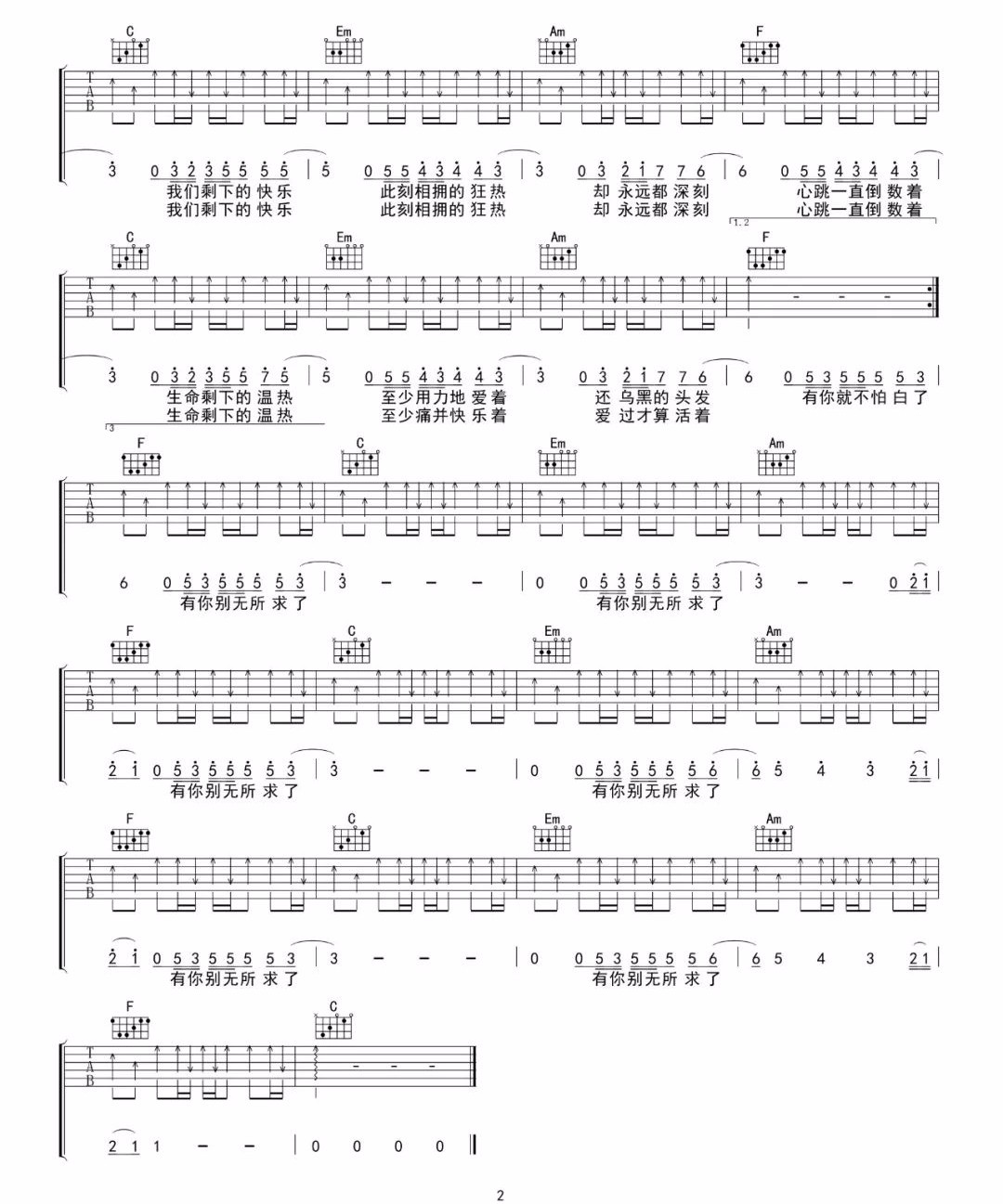 倒数吉他谱2-邓紫棋-C调指法