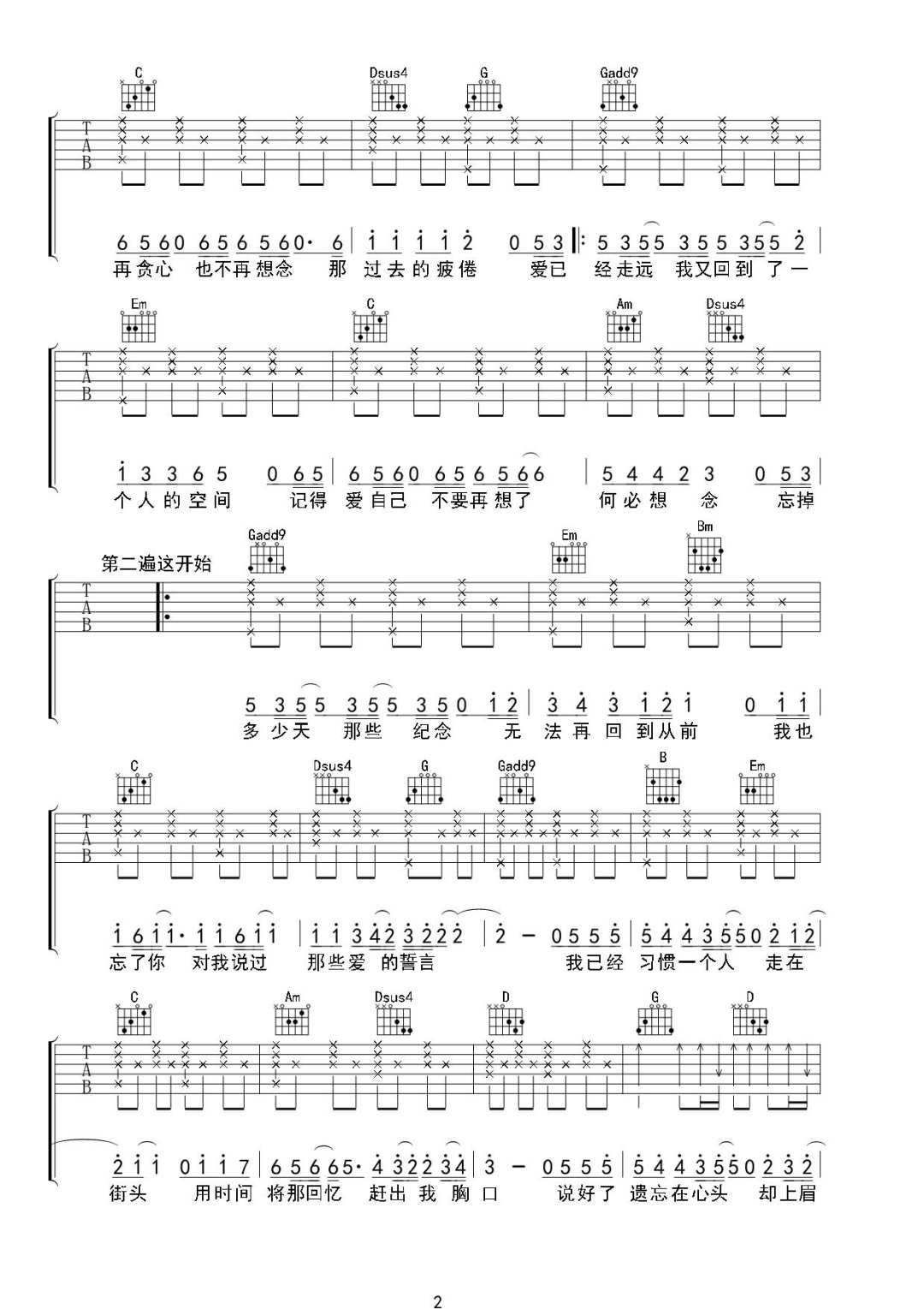 习惯一个人吉他谱2-刘崇建-G调指法