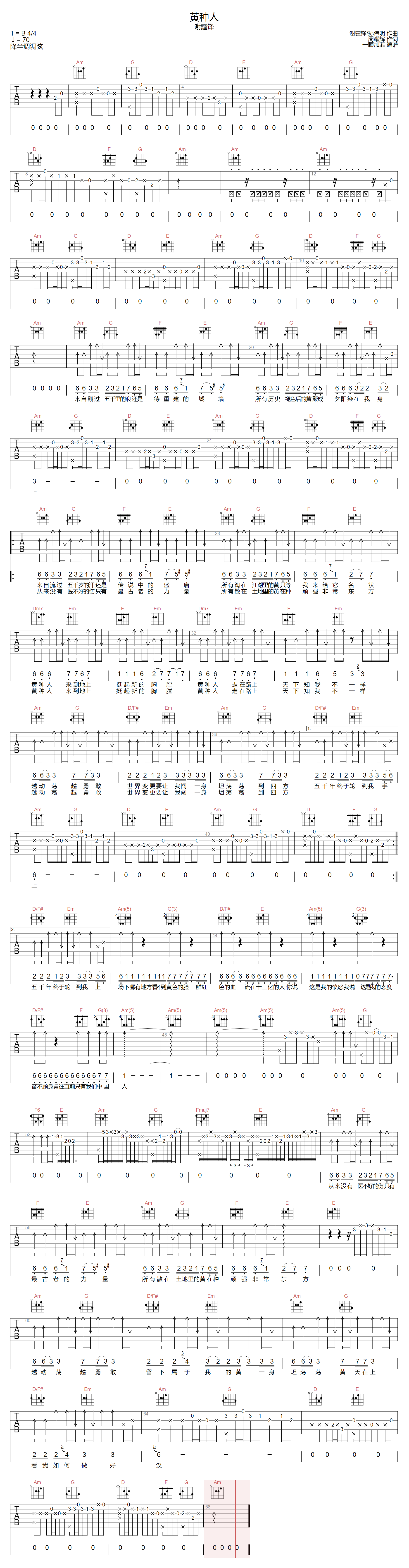 黄种人吉他谱-谢霆锋-C调指法