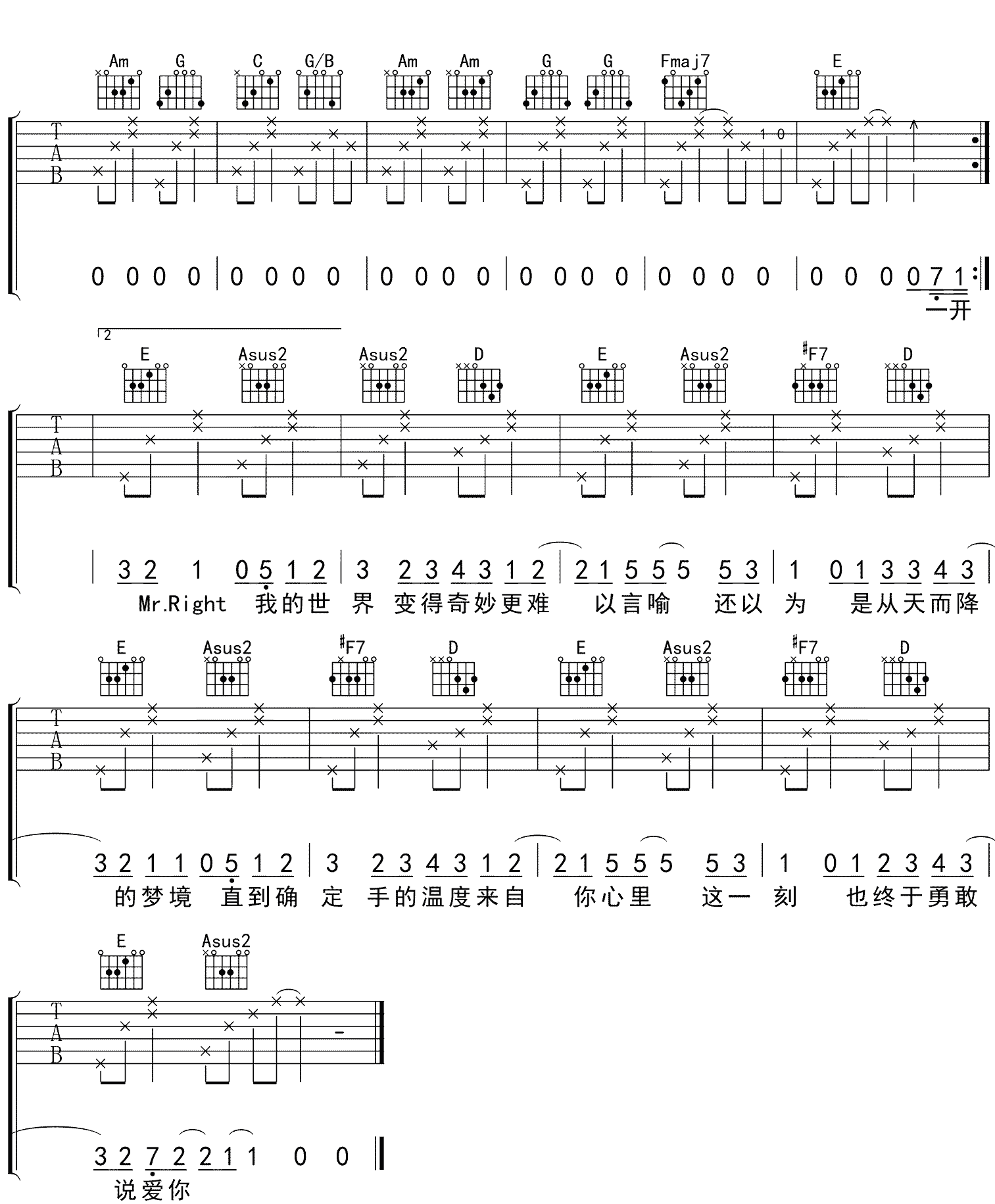 说爱你吉他谱3-沈以诚-A调指法