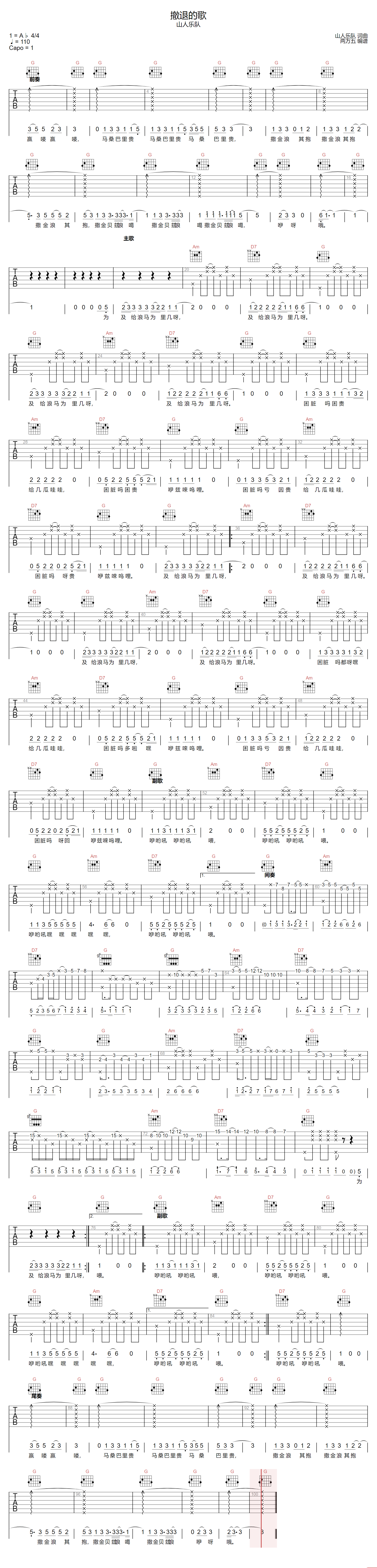 撤退的歌吉他谱-山人乐队-G调指法