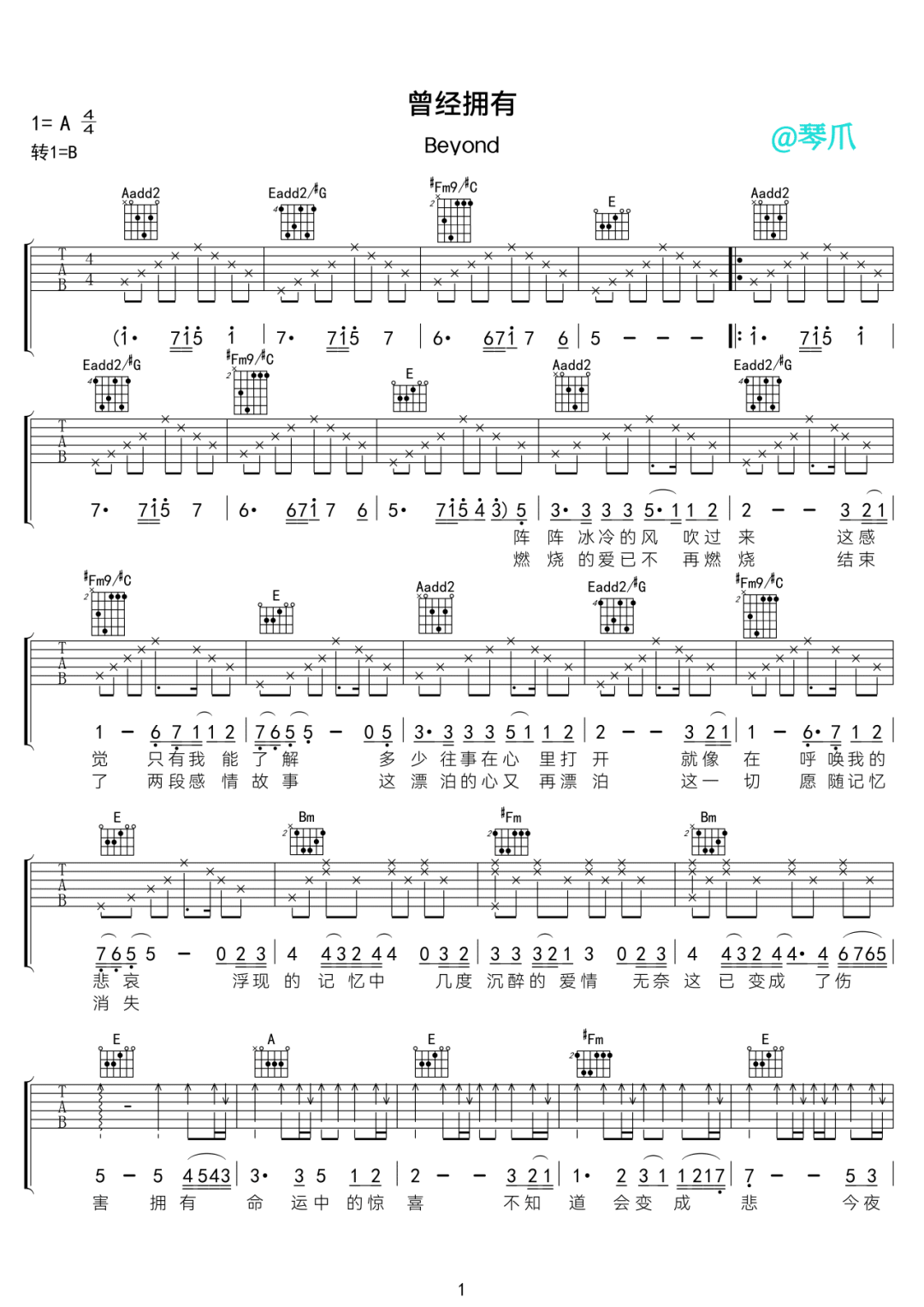 曾经拥有吉他谱1-Beyond-A调指法