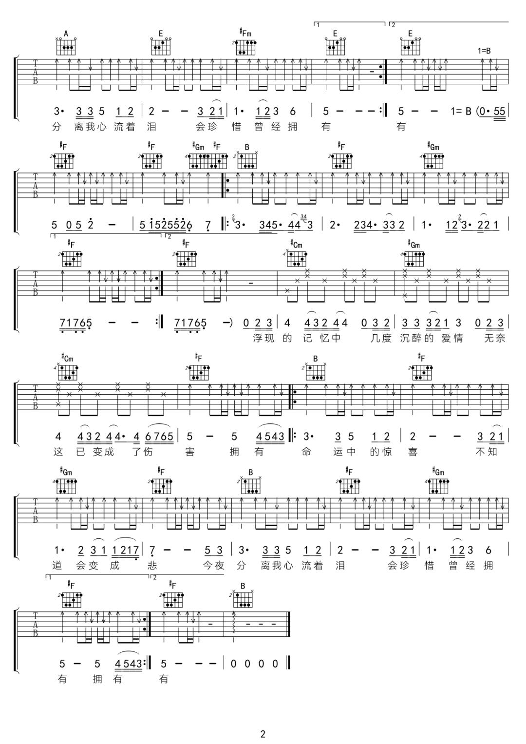 曾经拥有吉他谱2-Beyond-A调指法