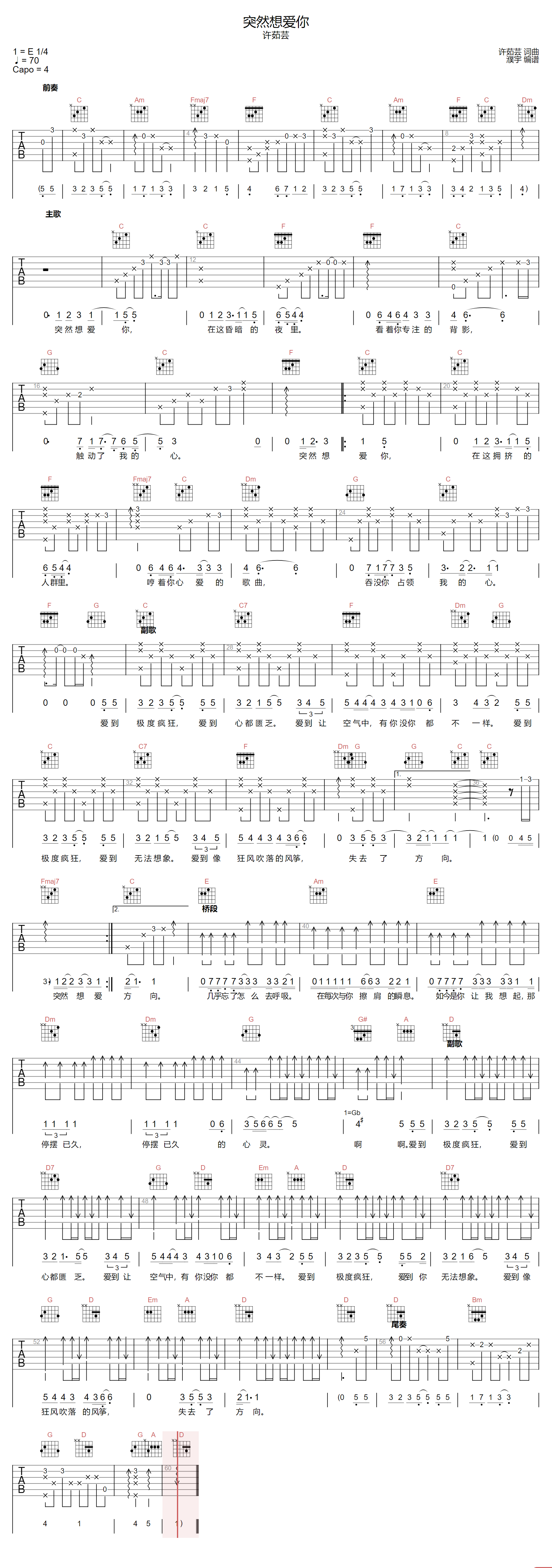 突然想爱你吉他谱-许茹芸-C调指法