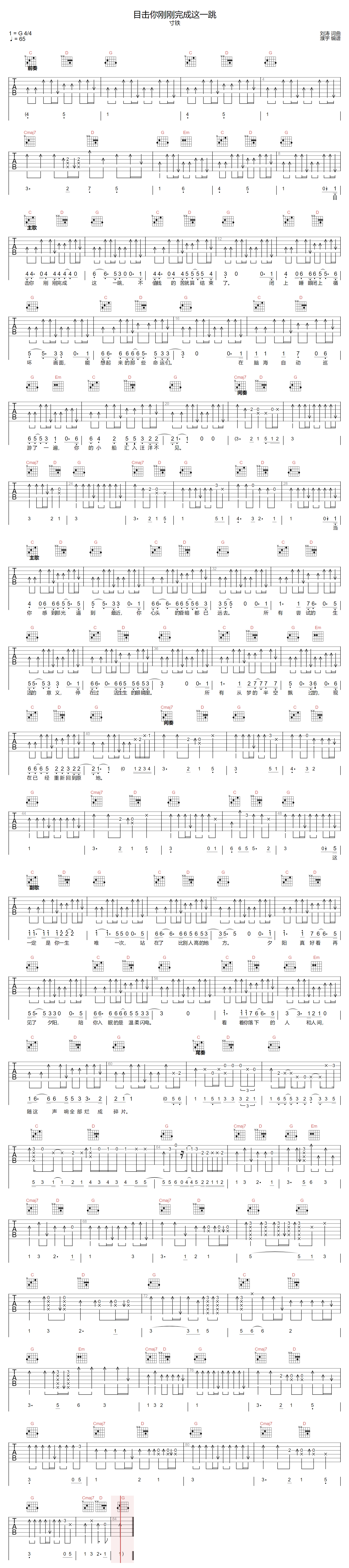 目击你刚刚完成这一跳吉他谱-寸铁-G调指法