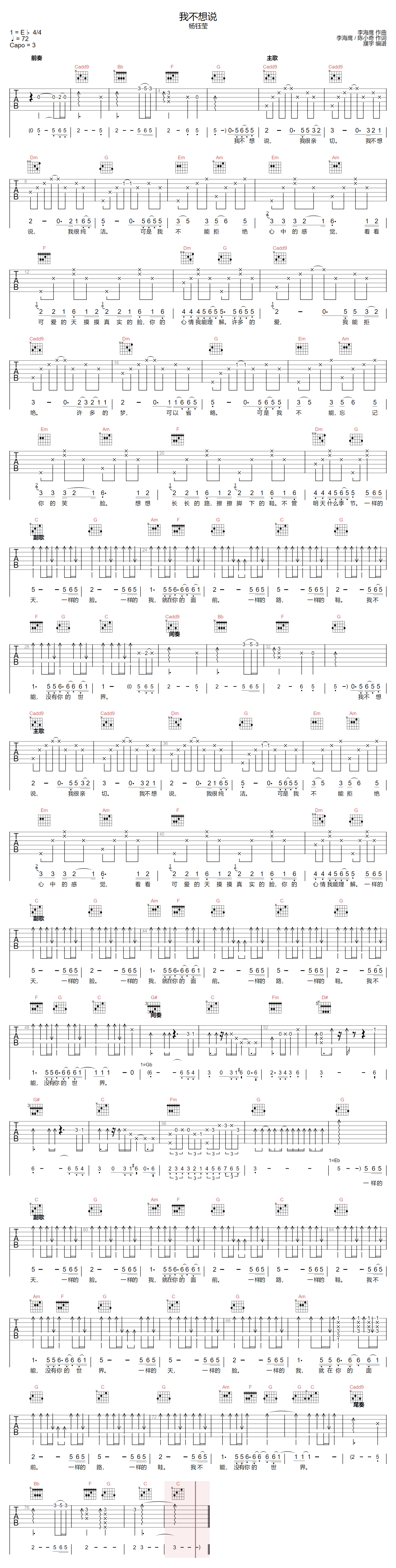我不想说吉他谱-杨钰莹-C调指法