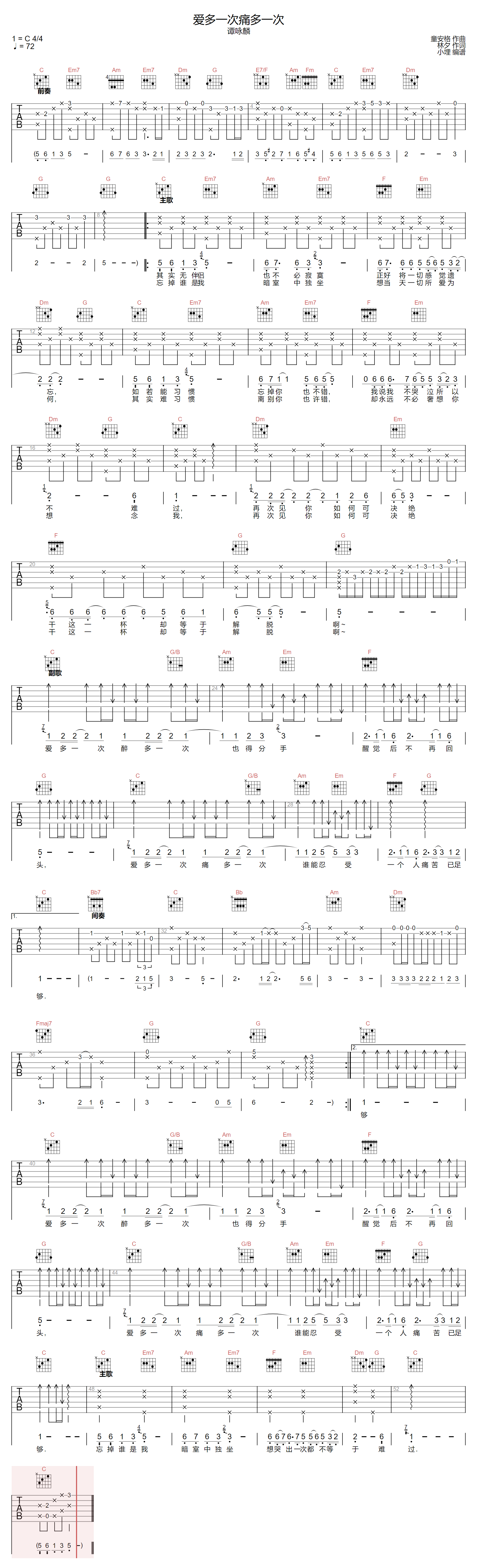 爱多一次痛多一次吉他谱-谭咏麟-C调指法