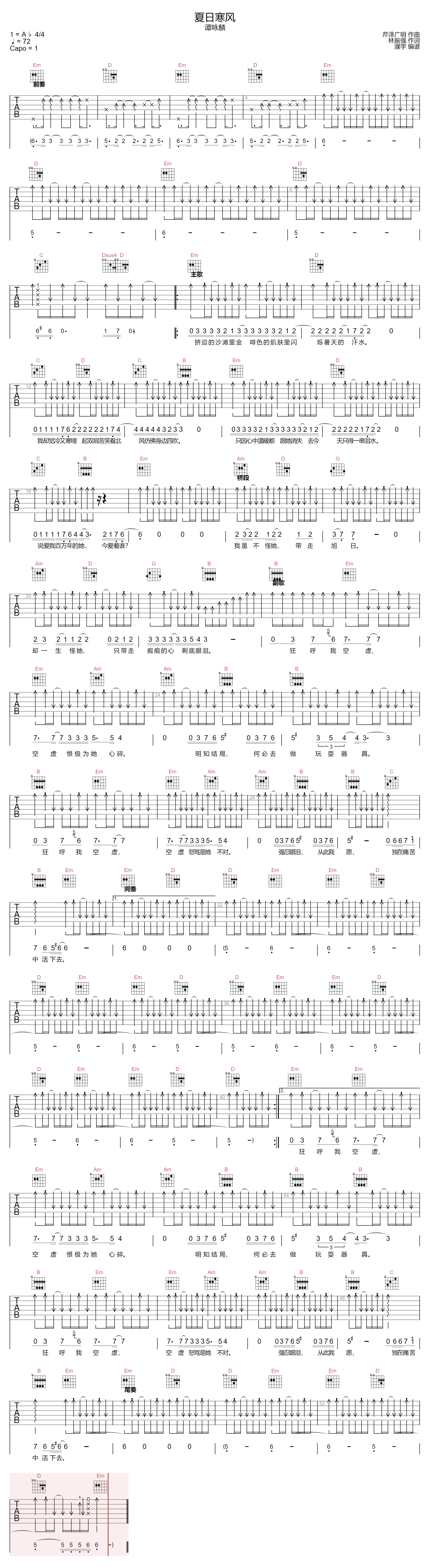 夏日寒风吉他谱-谭咏麟-G调指法