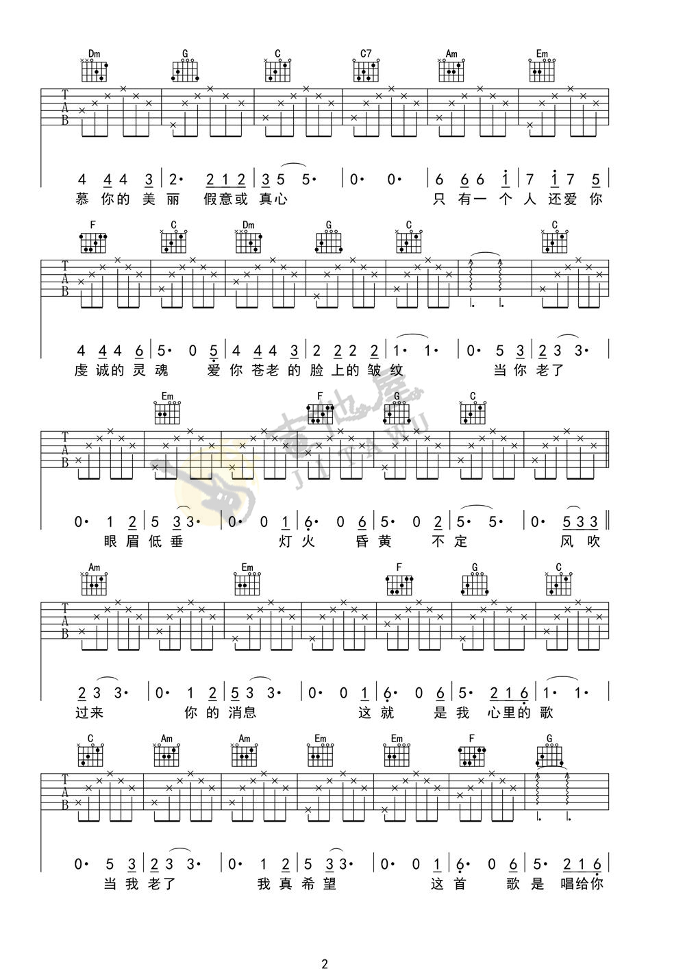 当你老了吉他谱2-赵照-C调指法