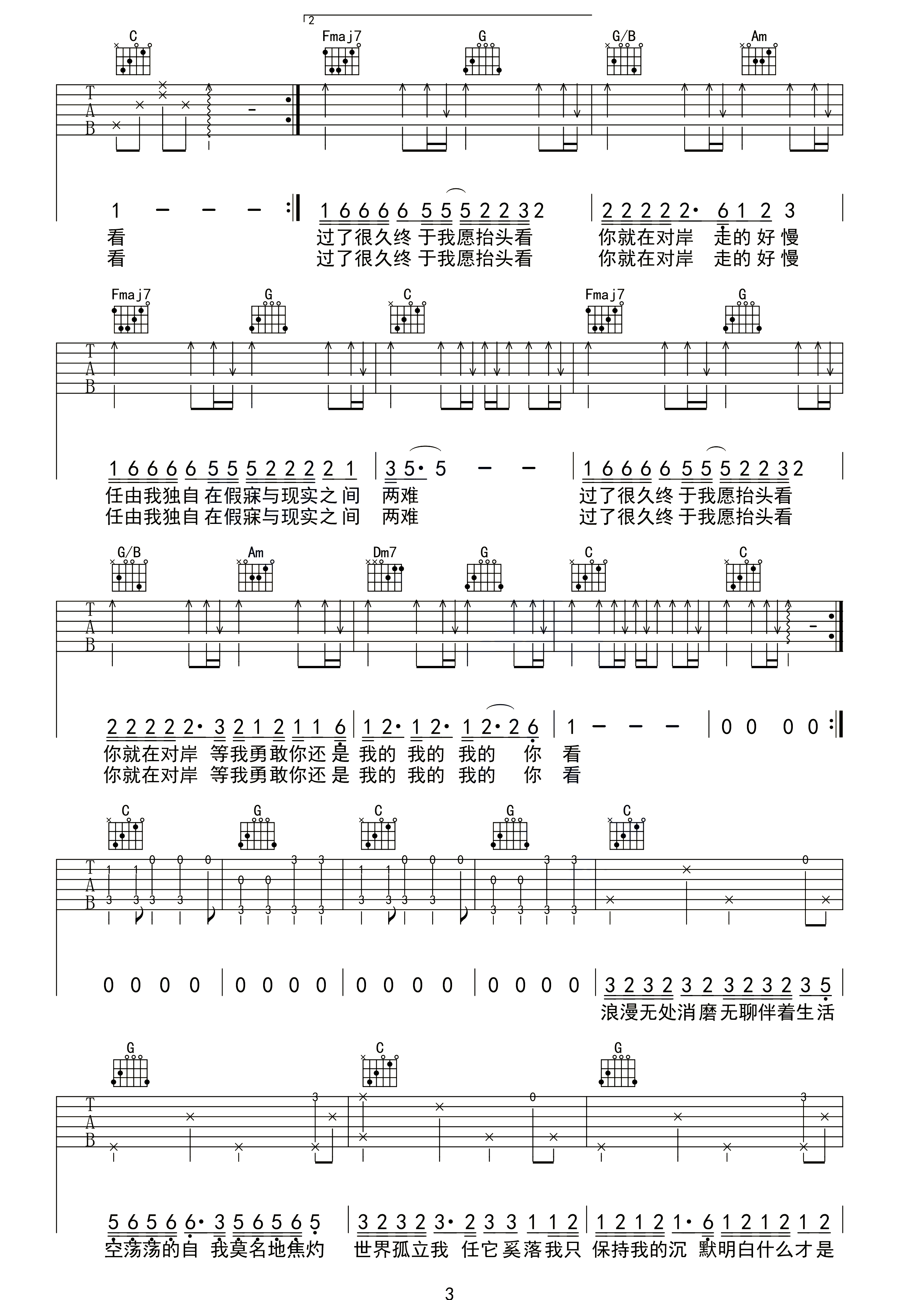 走马吉他谱3-陈粒-C调指法