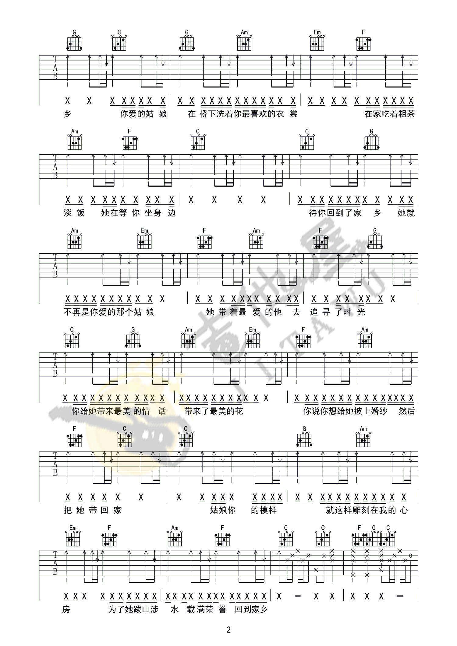 你是姑娘不是我的新娘吉他谱2-隔壁老樊-C调指法