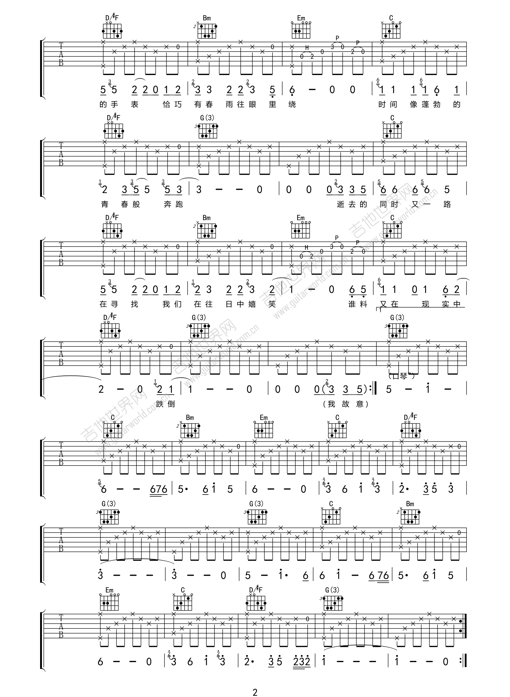 雾吉他谱2-张小九-G调指法