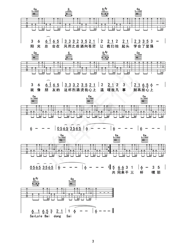 朋友的酒吉他谱3-李晓杰-G调指法