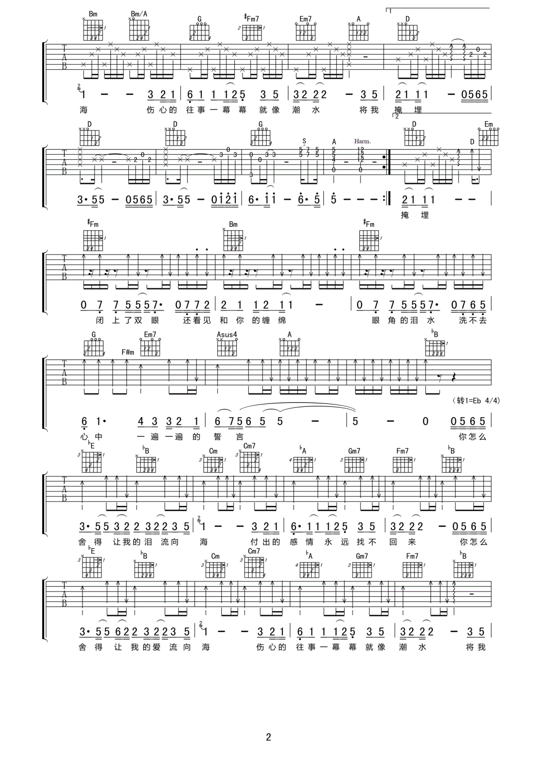 泪海吉他谱2-许茹芸-D调指法