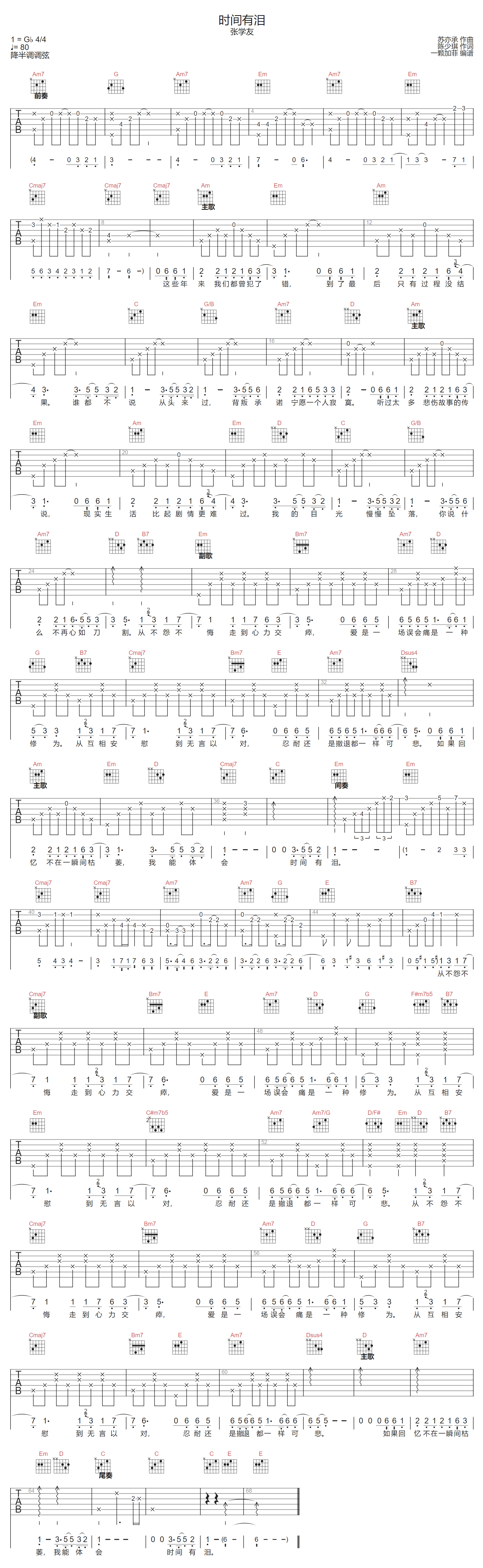 时间有泪吉他谱-张学友-G调指法