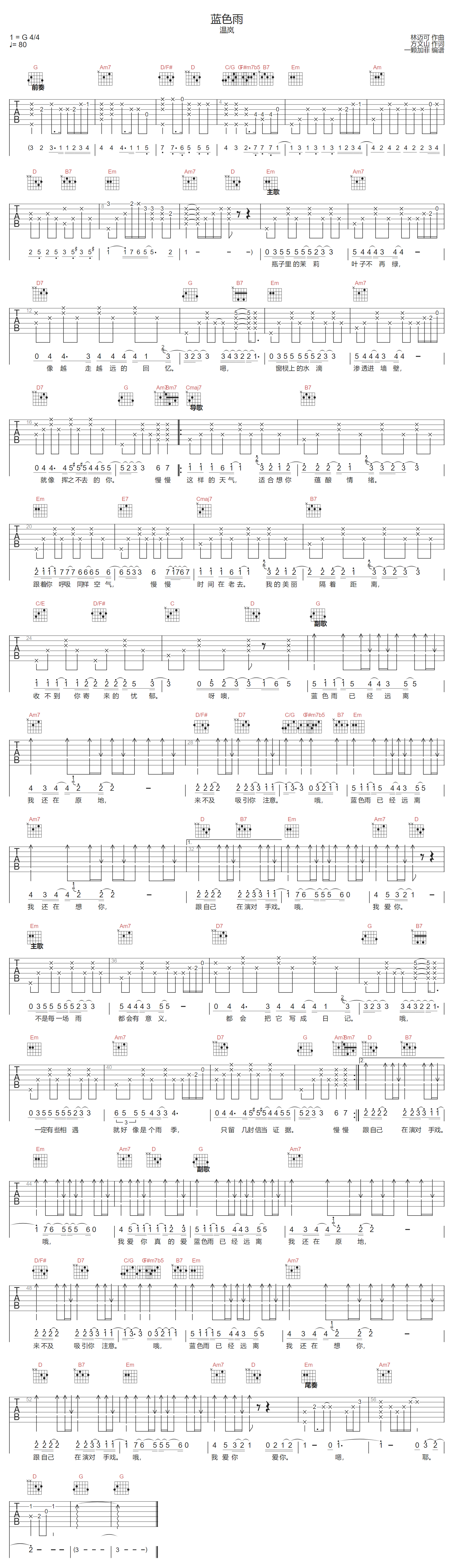 蓝色雨吉他谱-温岚-G调指法