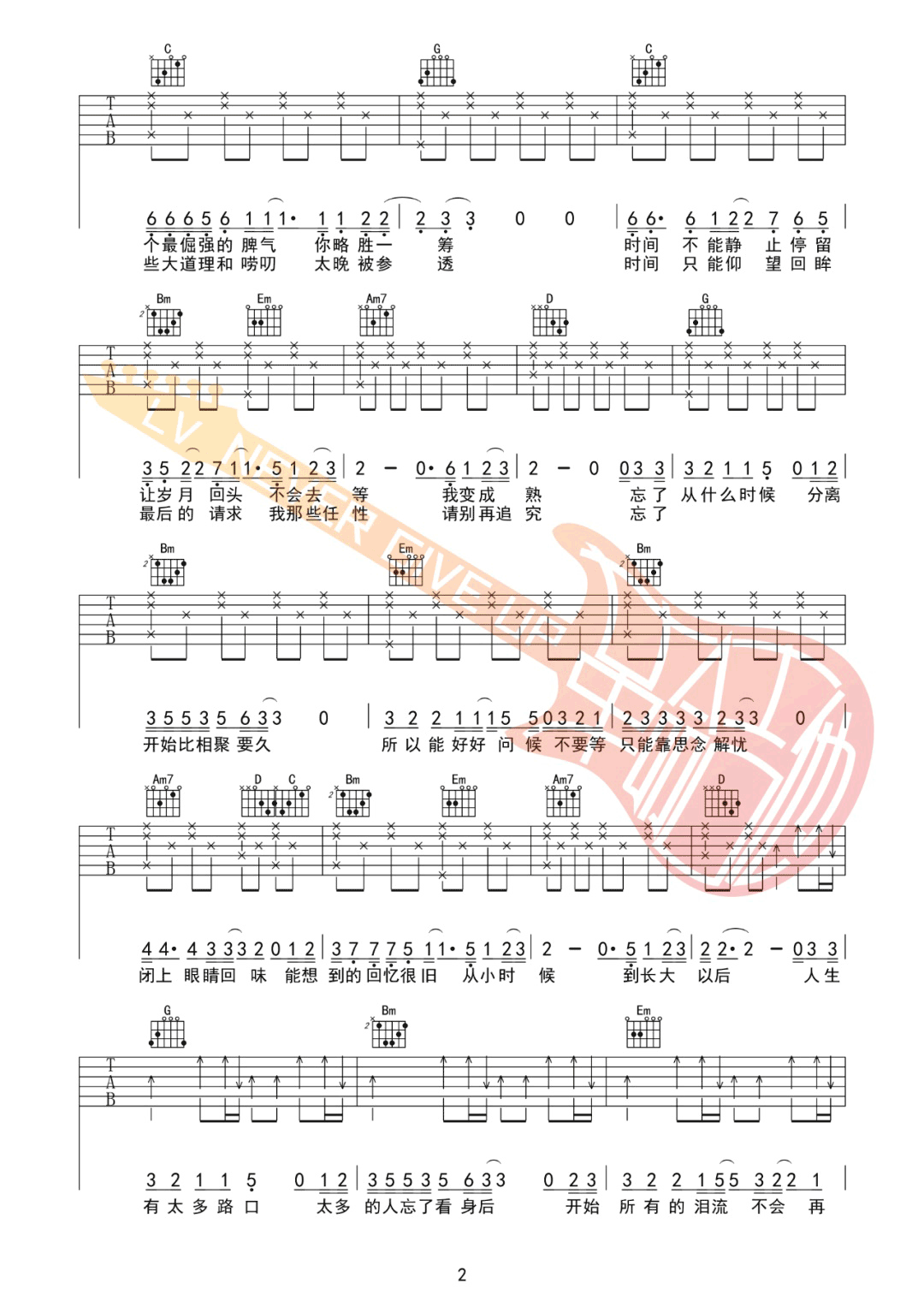 欠父亲的话吉他谱2-赵雷-G调指法
