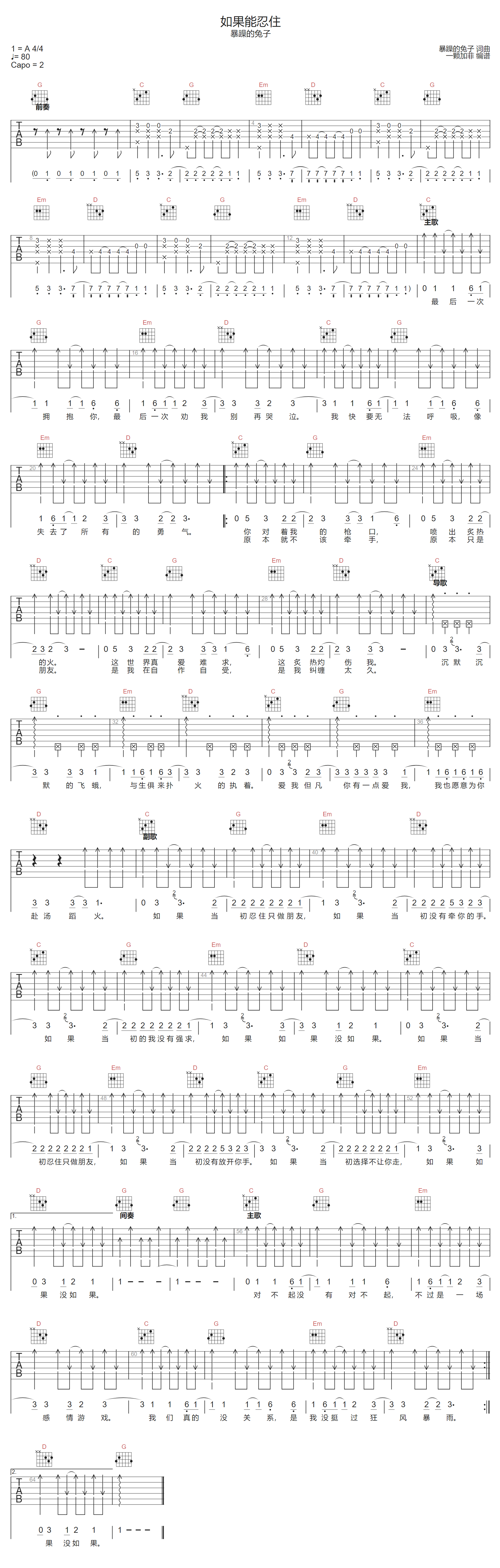 如果能忍住吉他谱-暴躁的兔子-G调指法