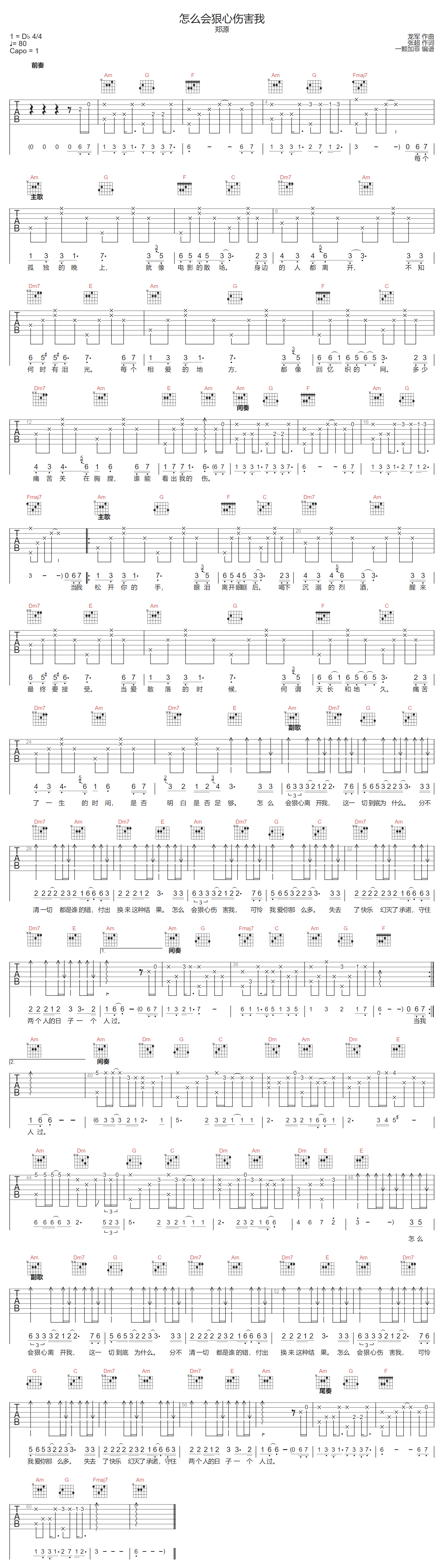 怎么会狠心伤害我吉他谱-郑源-C调指法