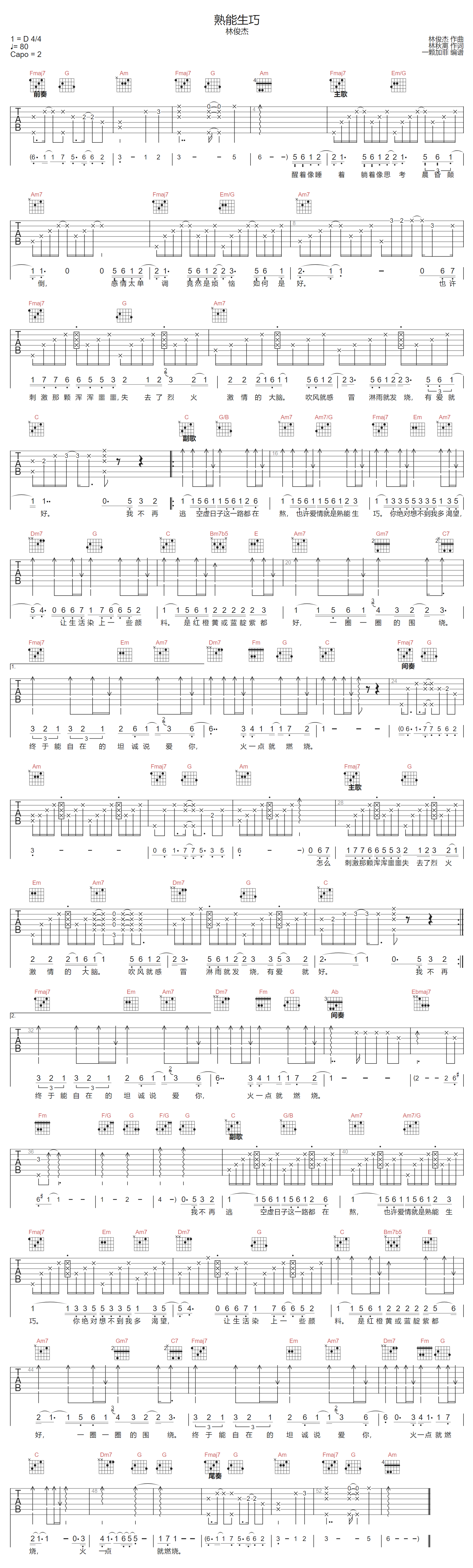 熟能生巧吉他谱-林俊杰-C调指法