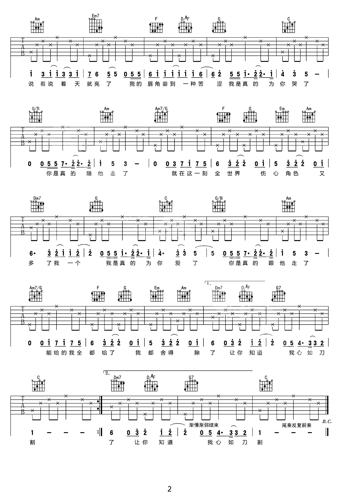 心如刀割吉他谱2-张学友-C调指法