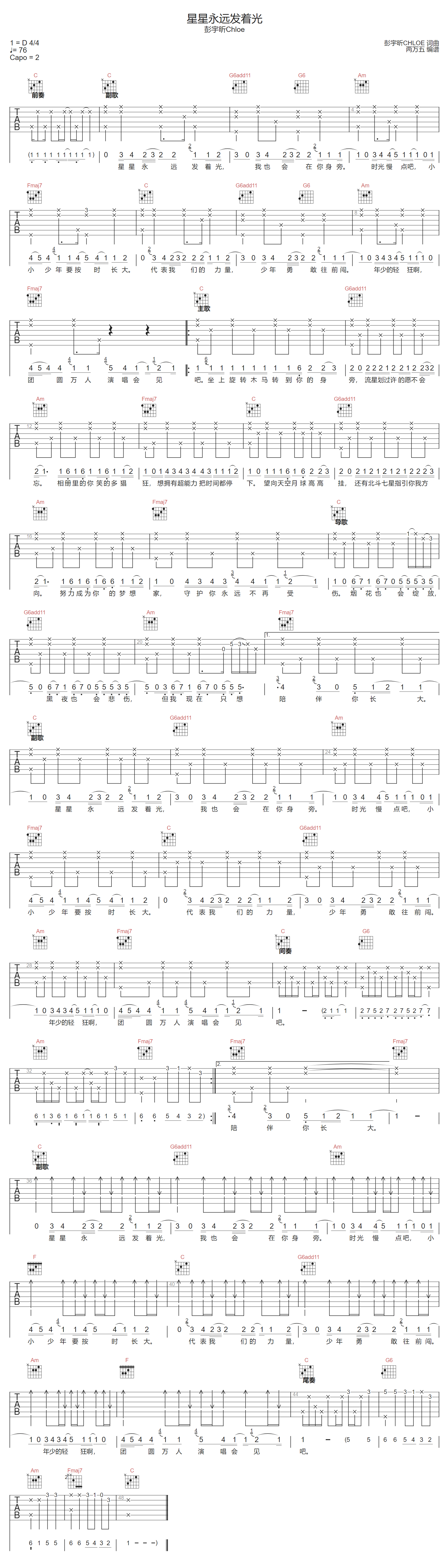 星星永远发着光吉他谱-彭宇昕Chloe-C调指法