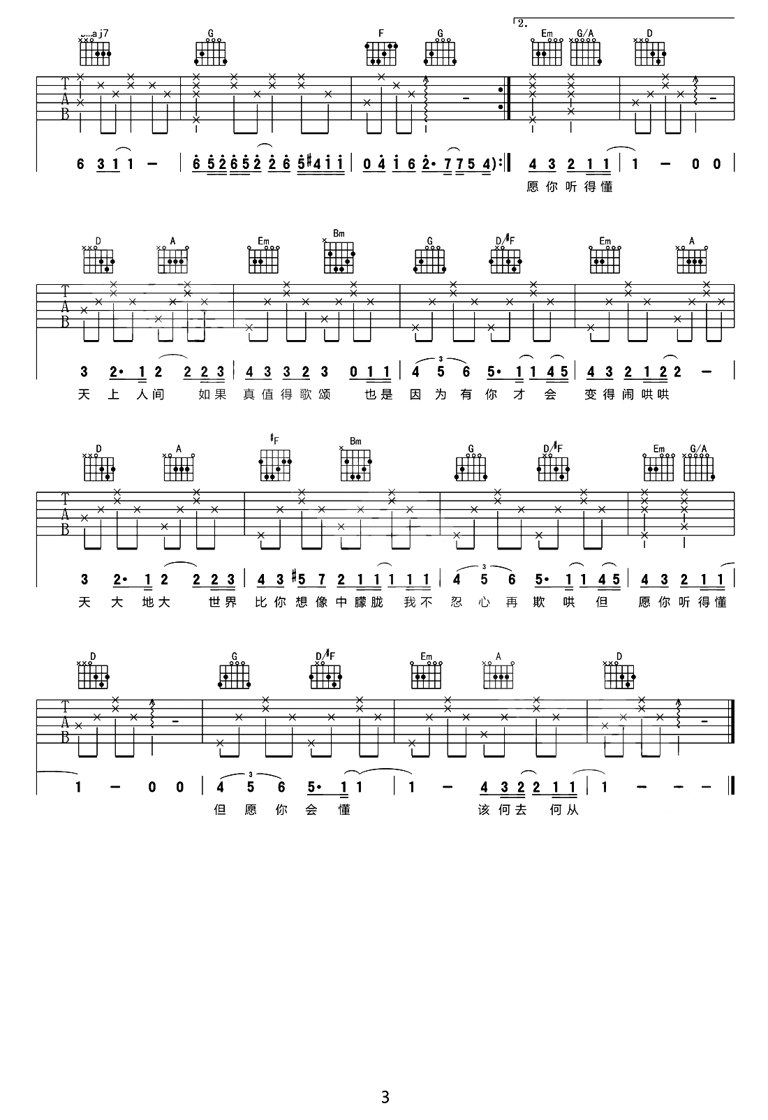 人间吉他谱3-王菲-C调指法