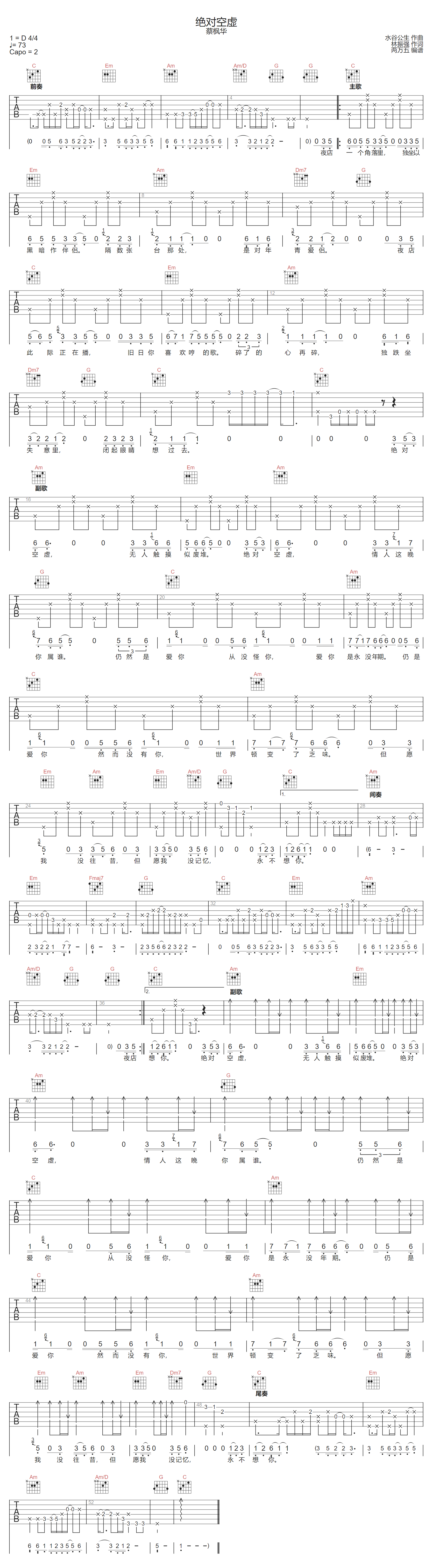 绝对空虚吉他谱-蔡枫华-C调指法