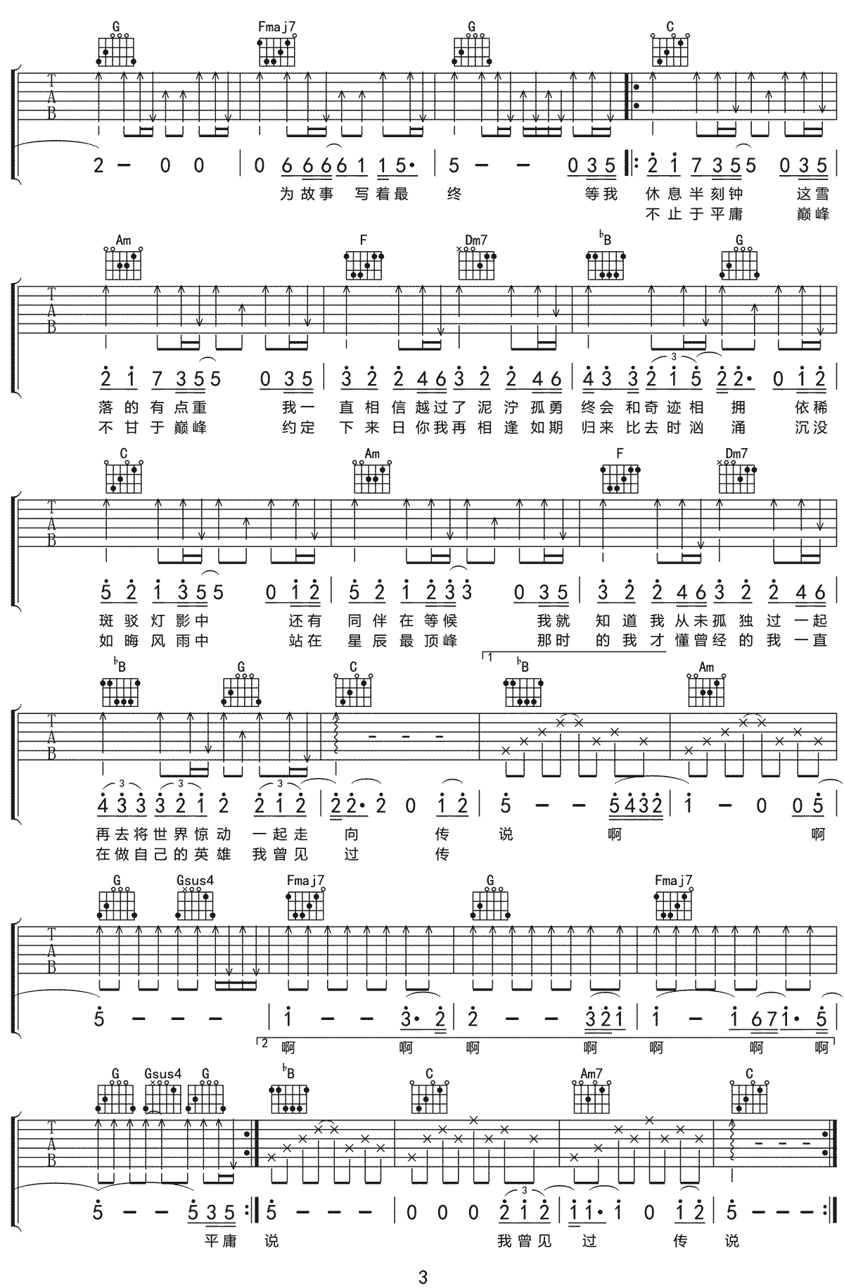 巅峰之上吉他谱3-毛不易-C调指法