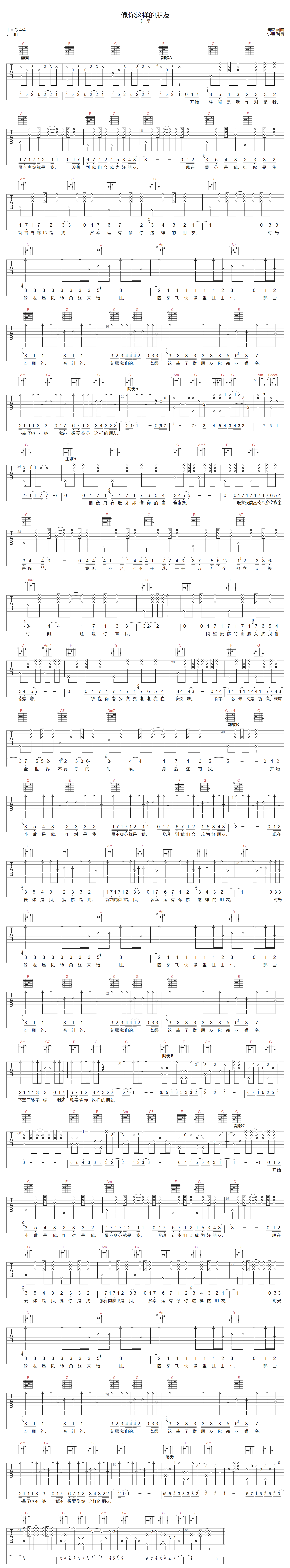 像你这样的朋友吉他谱-陆虎-C调指法