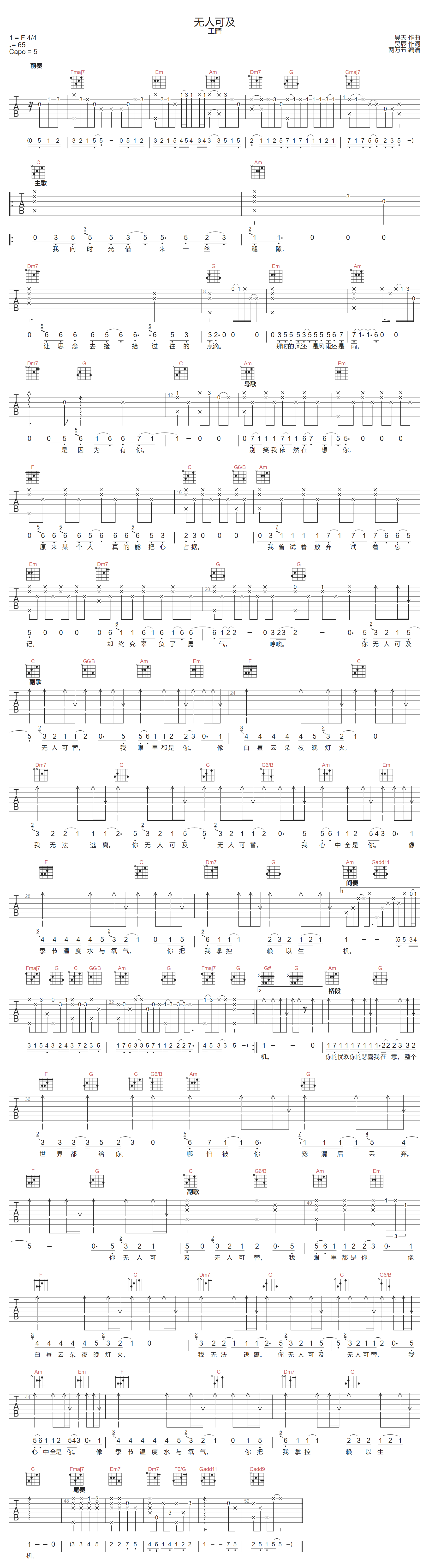 无人可及吉他谱-王晴-C调指法