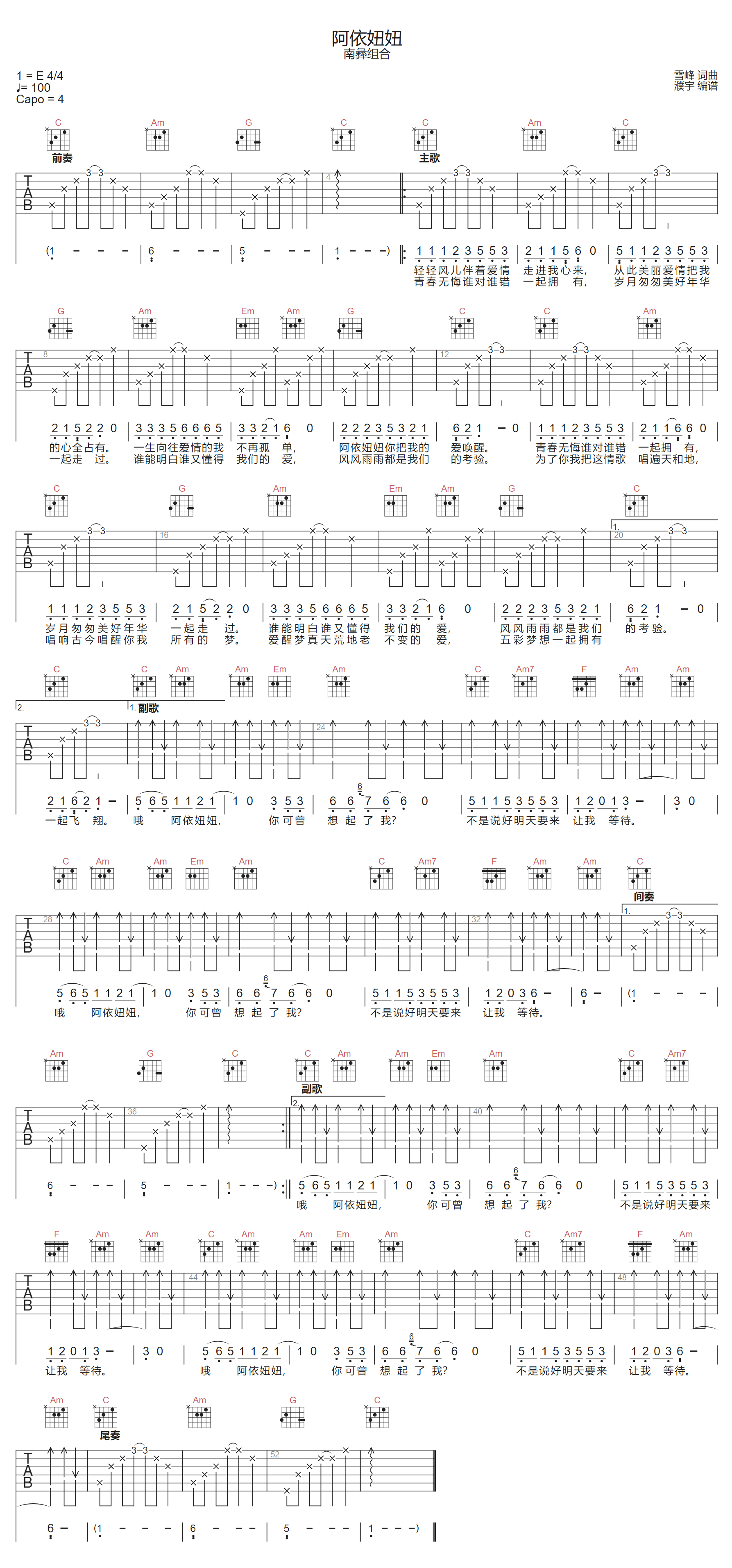 阿依妞妞吉他谱-南彝组合-C调指法