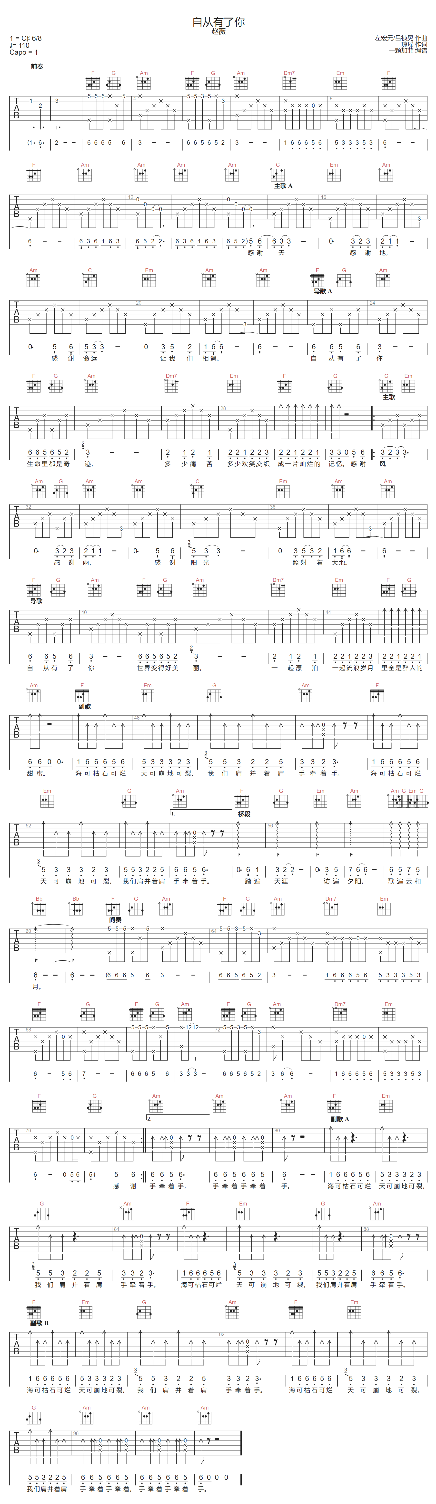 自从有了你吉他谱-赵薇-C调指法