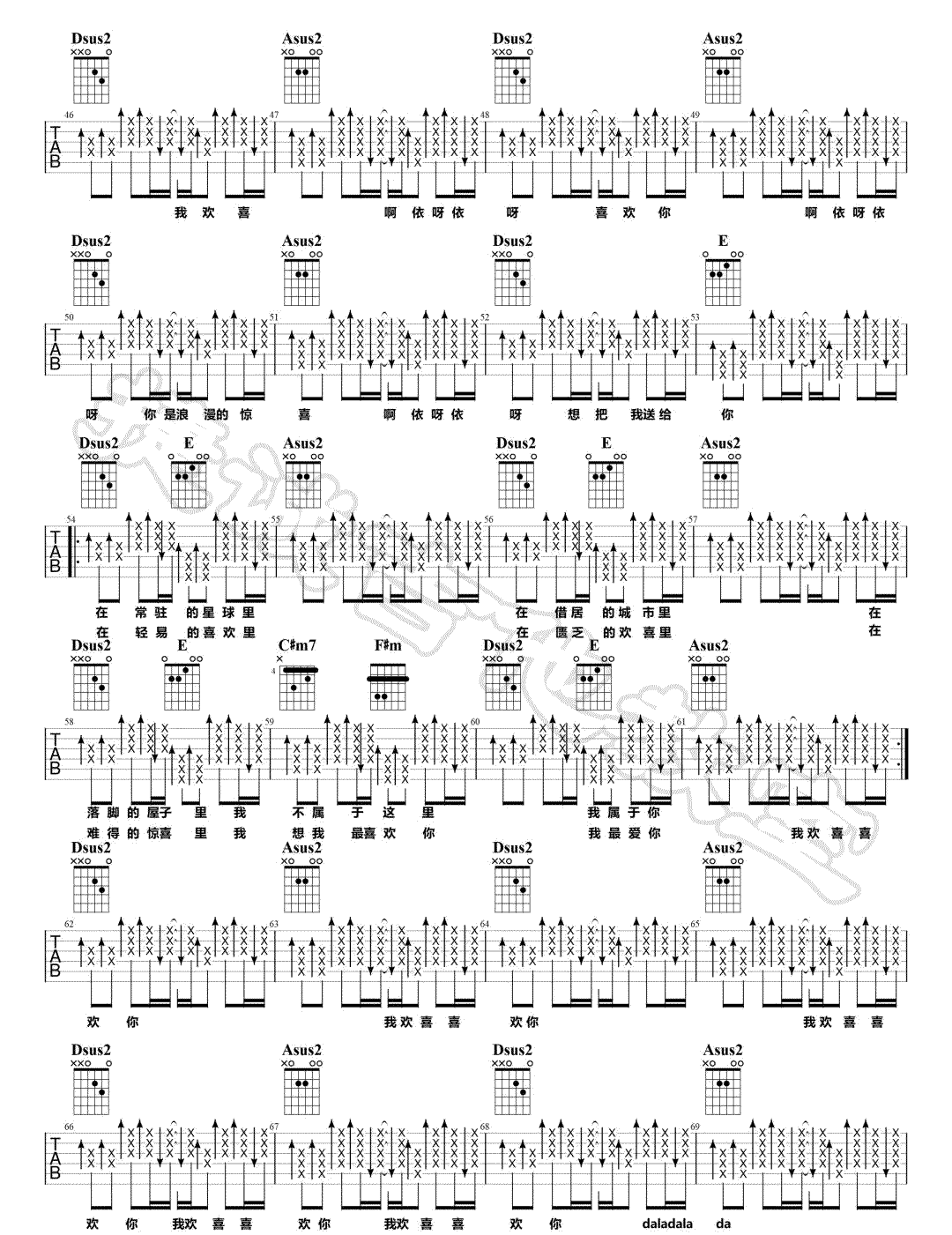 我欢喜喜欢你吉他谱3-焦迈奇-A调指法