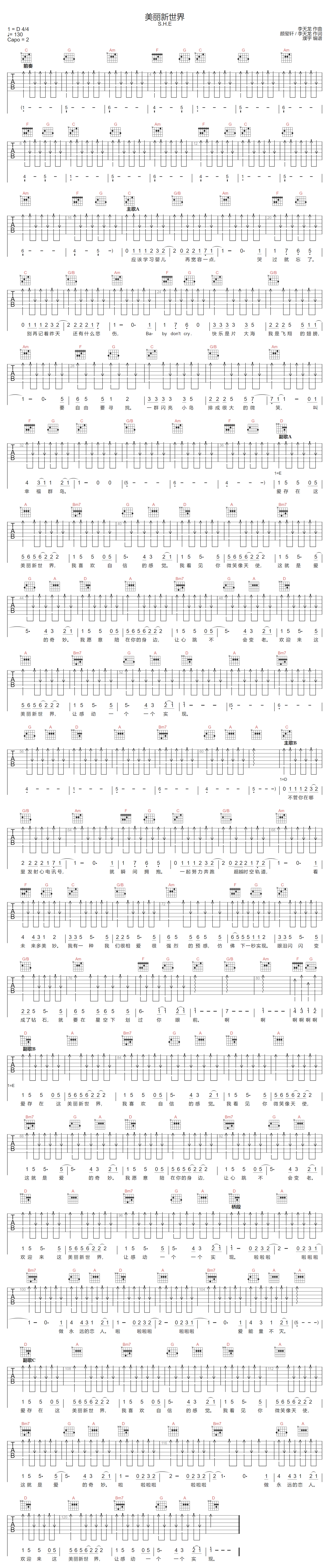 美丽新世界吉他谱-S.H.E-C调指法