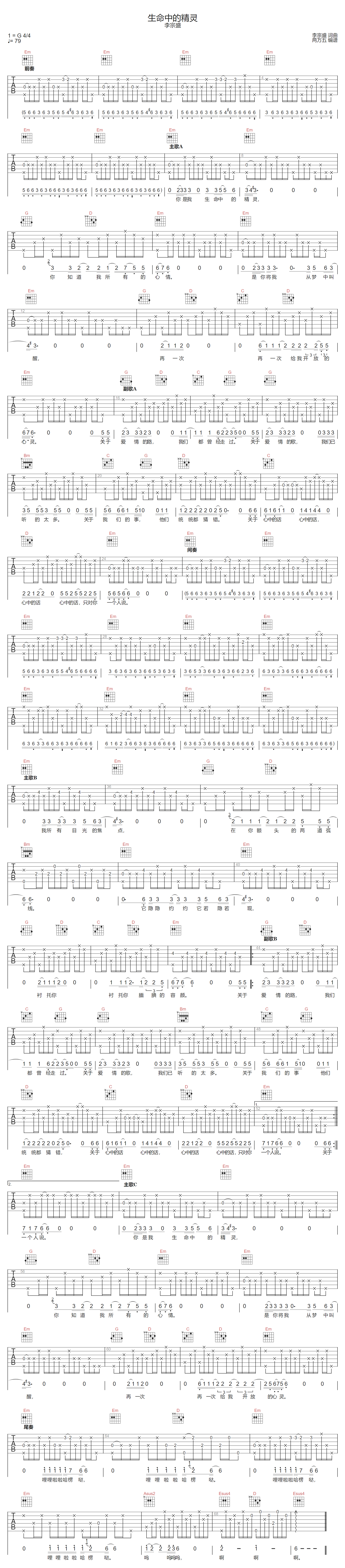 生命中的精灵吉他谱-李宗盛-G调指法