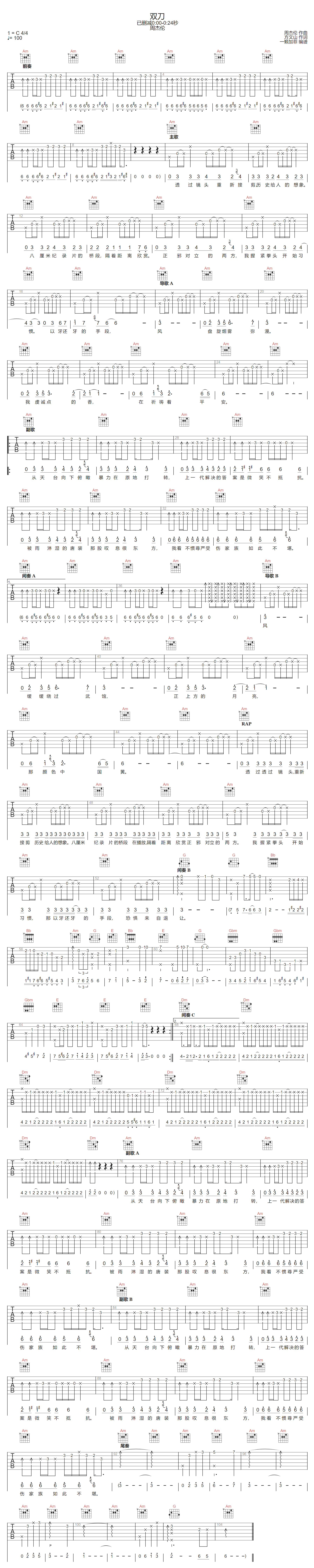 双刀吉他谱-周杰伦-C调指法