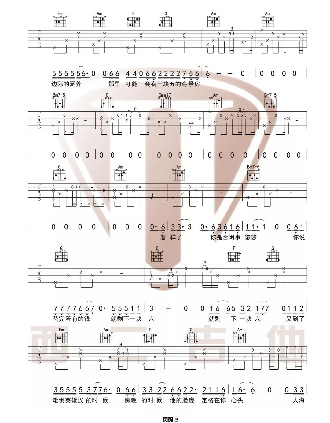 四块五吉他谱2-隔壁老樊-C调指法